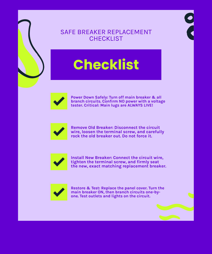 infographic showing the safe steps for changing a circuit breaker: 1. Turn off main breaker and all branch circuits 2. Test panel with voltage tester to confirm no power 3. Remove old breaker by disconnecting wire and pulling out 4. Install new breaker matching exact type and amperage 5. Reconnect wire securely 6. Replace panel cover 7. Turn on main breaker then branch circuits one at a time 8. Test the circuit. Includes warning that main service lugs remain live even when main breaker is off. - changing breaker in panel infographic checklist-fun-neon infographic showing the safe steps for changing a circuit breaker: 1. Turn off main breaker and all branch circuits 2. Test panel with voltage tester to confirm no power 3. Remove old breaker by disconnecting wire and pulling out 4. Install new breaker matching exact type and amperage 5. Reconnect wire securely 6. Replace panel cover 7. Turn on main breaker then branch circuits one at a time 8. Test the circuit. Includes warning that main service lugs remain live even when main breaker is off. - changing breaker in panel infographic checklist-fun-neon