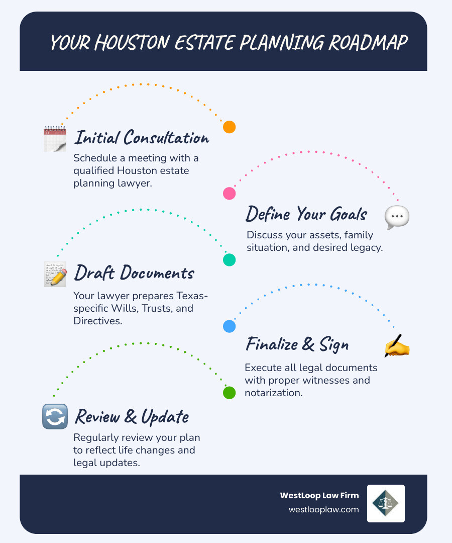 Infographic showing the estate planning process in Houston: 1) Schedule consultation with Houston lawyer 2) Discuss your assets, family situation, and goals 3) Review Texas-specific documents (Will, Trust, Powers of Attorney) 4) Sign and notarize documents 5) Update plan as life changes. Bottom shows key differences: With Estate Plan - You control asset distribution, choose guardians, avoid probate delays, minimize costs. Without Estate Plan - State decides distribution, court appoints guardians, lengthy probate in Harris County, higher expenses and family disputes. - estate planning near me infographic infographic-line-5-steps-blues-accent_colors Infographic showing the estate planning process in Houston: 1) Schedule consultation with Houston lawyer 2) Discuss your assets, family situation, and goals 3) Review Texas-specific documents (Will, Trust, Powers of Attorney) 4) Sign and notarize documents 5) Update plan as life changes. Bottom shows key differences: With Estate Plan - You control asset distribution, choose guardians, avoid probate delays, minimize costs. Without Estate Plan - State decides distribution, court appoints guardians, lengthy probate in Harris County, higher expenses and family disputes. - estate planning near me infographic infographic-line-5-steps-blues-accent_colors