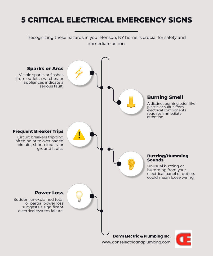 Infographic showing the top 5 critical electrical emergency signs: visible sparks or arcing, burning smell from outlets or walls, repeated circuit breaker trips, buzzing or humming sounds from electrical panel, and sudden total or partial power loss - 24 hour electric repair in benson, ny infographic infographic-line-5-steps-elegant_beige Infographic showing the top 5 critical electrical emergency signs: visible sparks or arcing, burning smell from outlets or walls, repeated circuit breaker trips, buzzing or humming sounds from electrical panel, and sudden total or partial power loss - 24 hour electric repair in benson, ny infographic infographic-line-5-steps-elegant_beige