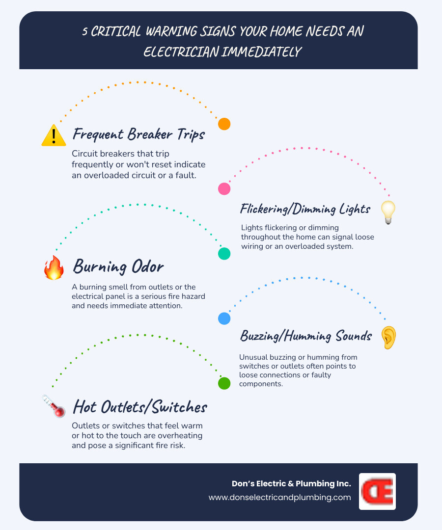 Infographic showing 5 critical warning signs your home needs an electrician immediately: 1) Circuit breakers that trip frequently or won't reset, 2) Flickering or dimming lights throughout the home, 3) Burning smell coming from outlets or electrical panel, 4) Buzzing or humming sounds from switches or outlets, 5) Outlets or switches that feel warm or hot to the touch - best electric repair in benson, ny infographic infographic-line-5-steps-blues-accent_colors Infographic showing 5 critical warning signs your home needs an electrician immediately: 1) Circuit breakers that trip frequently or won't reset, 2) Flickering or dimming lights throughout the home, 3) Burning smell coming from outlets or electrical panel, 4) Buzzing or humming sounds from switches or outlets, 5) Outlets or switches that feel warm or hot to the touch - best electric repair in benson, ny infographic infographic-line-5-steps-blues-accent_colors