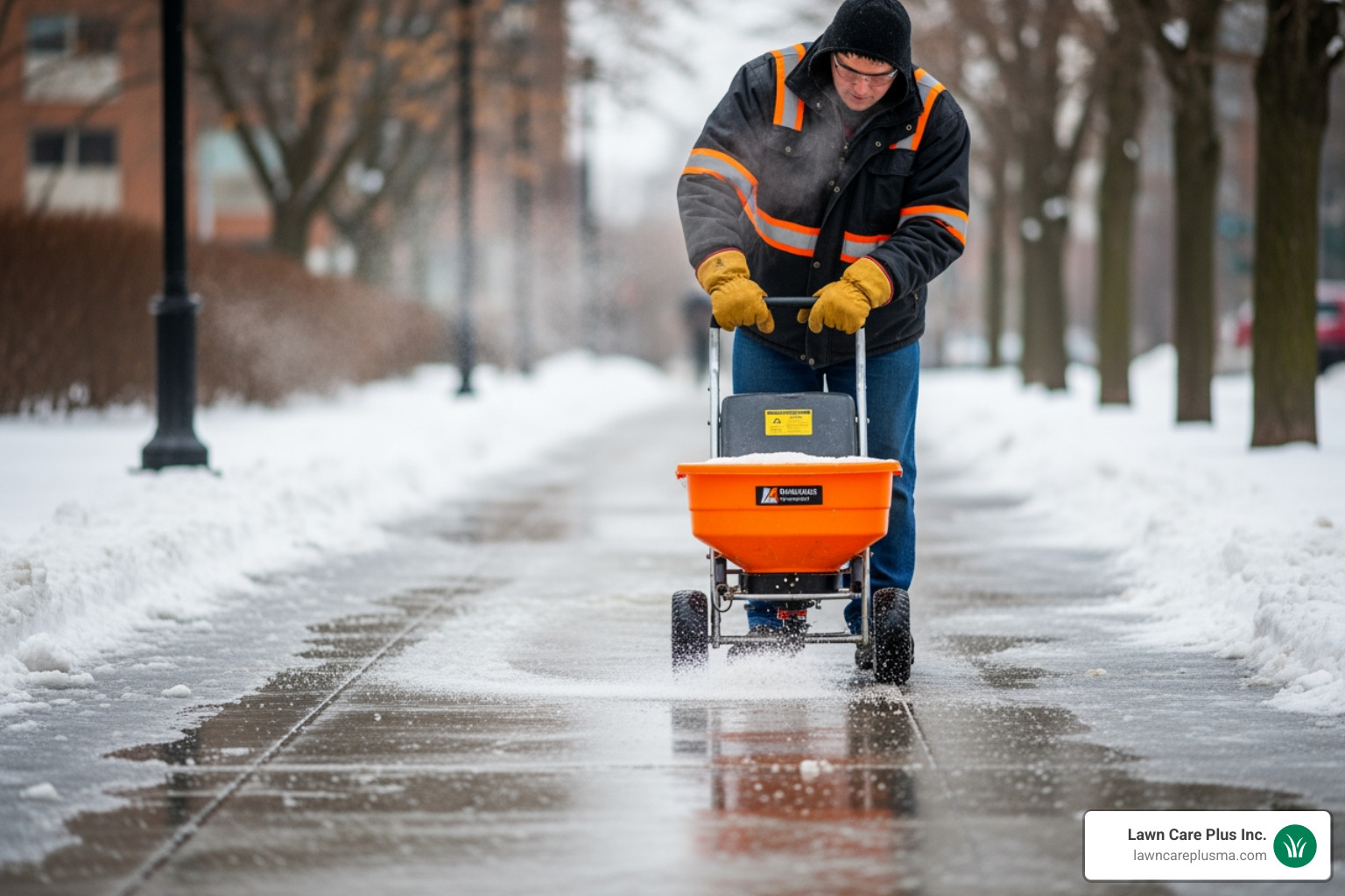 Crew applying salt to an icy walkway - boston snow removal service