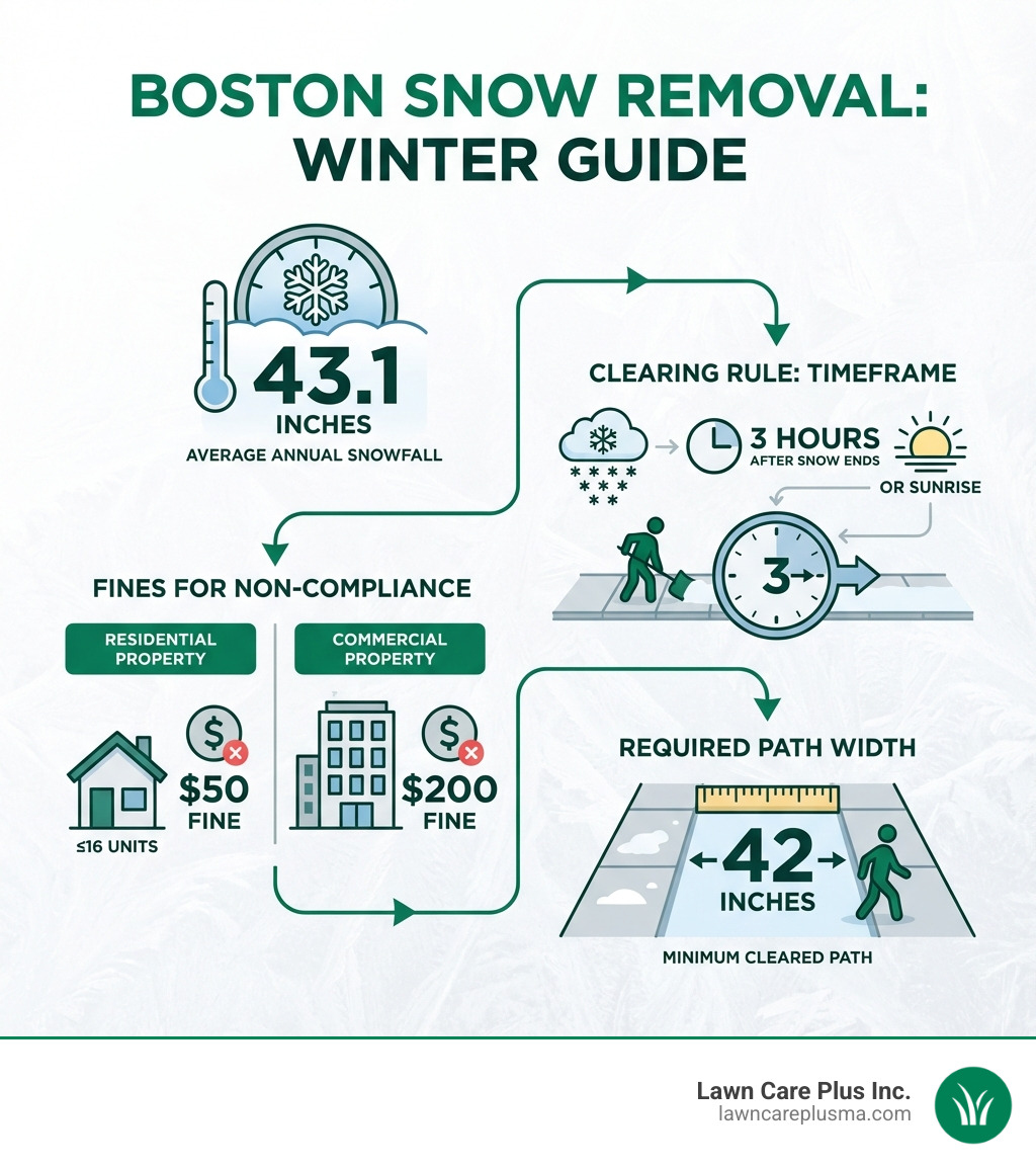 Infographic showing Boston's average annual snowfall of 43.1 inches, the 3-hour sidewalk clearing rule after snowfall ends or sunrise, residential fines of $50 for properties with 16 or fewer units, commercial fines of $200, and the required 42-inch minimum cleared path width - boston snow removal service infographic 
