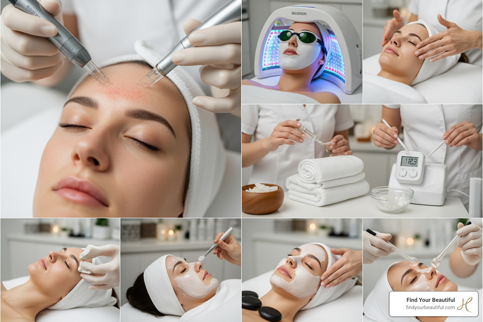 collage of different facial treatments like microneedling and LED therapy - anti-aging facial collage of different facial treatments like microneedling and LED therapy - anti-aging facial