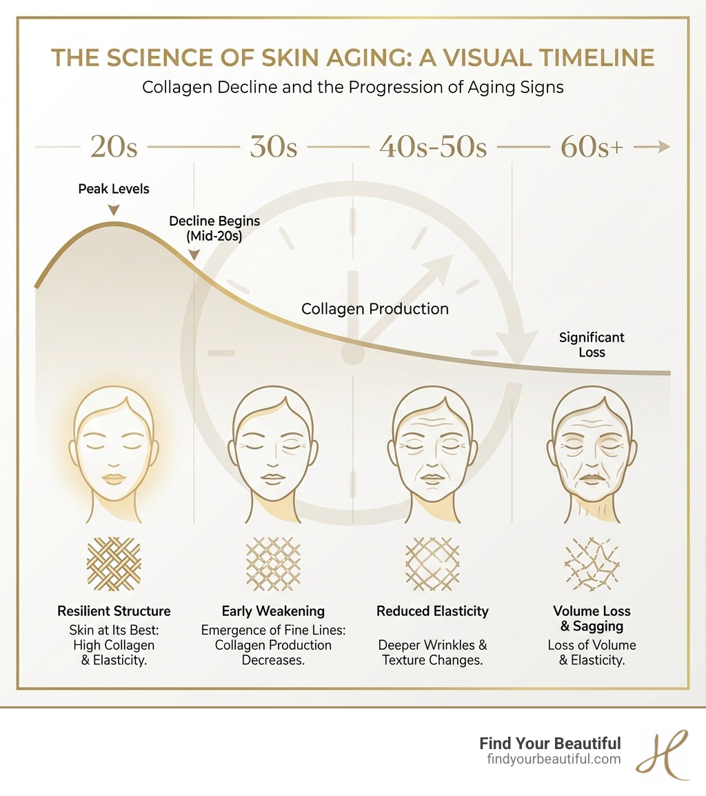 infographic showing timeline of skin aging from age 20s onwards with declining collagen production, emergence of fine lines in 30s, deeper wrinkles in 40s-50s, and loss of volume and elasticity in 60s+ - anti-aging facial infographic infographic showing timeline of skin aging from age 20s onwards with declining collagen production, emergence of fine lines in 30s, deeper wrinkles in 40s-50s, and loss of volume and elasticity in 60s+ - anti-aging facial infographic