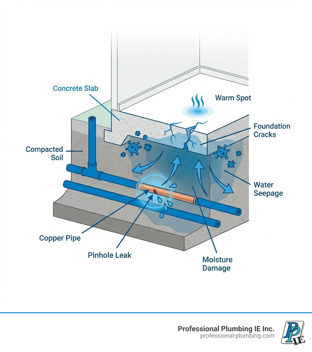 Infographic showing a cross-section of a home's concrete slab foundation with underground water pipes, highlighting a pinhole leak in a copper pipe beneath the slab, with arrows indicating water seeping into the soil and foundation, causing cracks and moisture damage - slab leak specialist infographic Infographic showing a cross-section of a home's concrete slab foundation with underground water pipes, highlighting a pinhole leak in a copper pipe beneath the slab, with arrows indicating water seeping into the soil and foundation, causing cracks and moisture damage - slab leak specialist infographic
