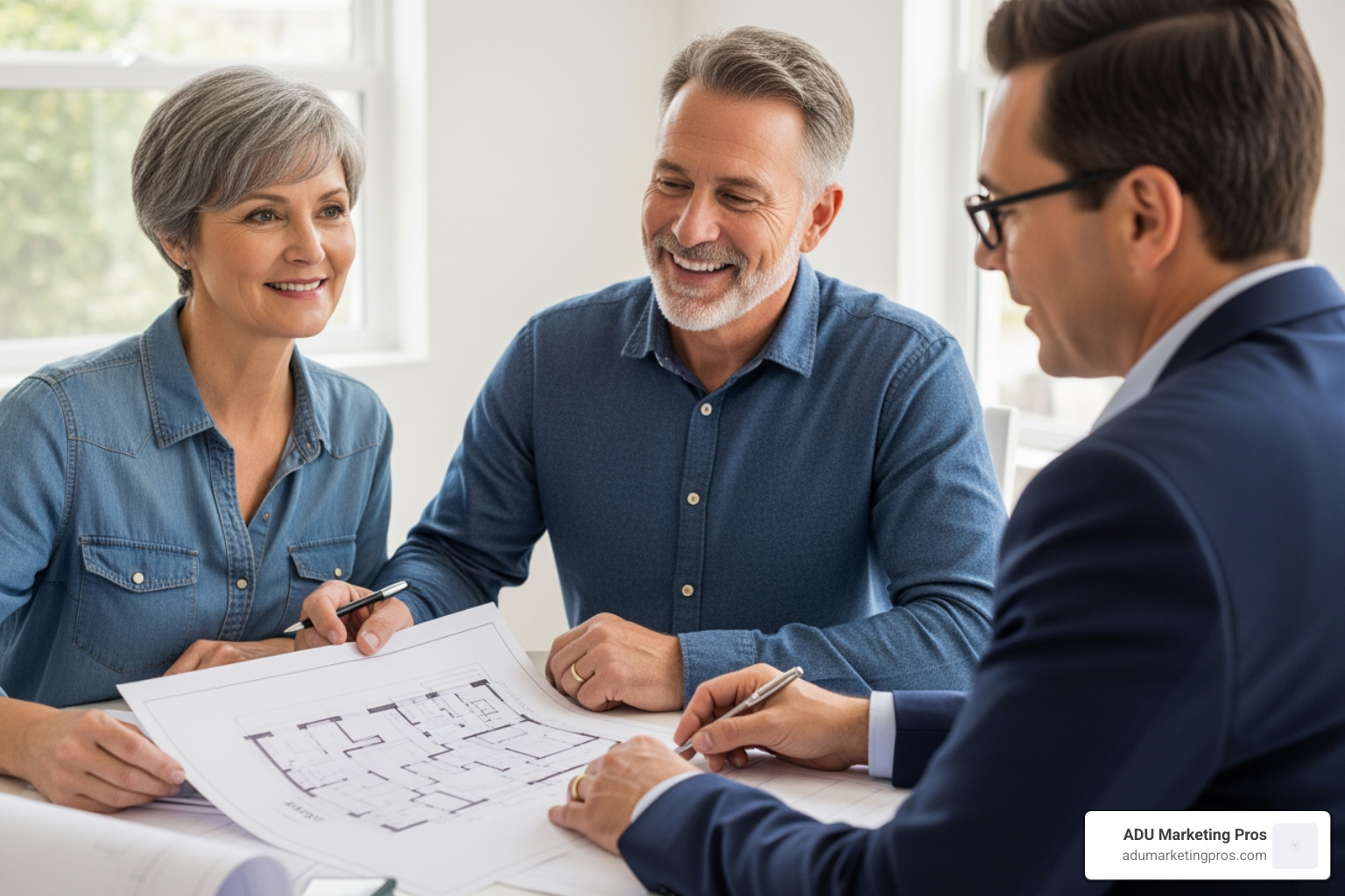 homeowner reviewing ADU plans with a consultant - premade adu homeowner reviewing ADU plans with a consultant - premade adu