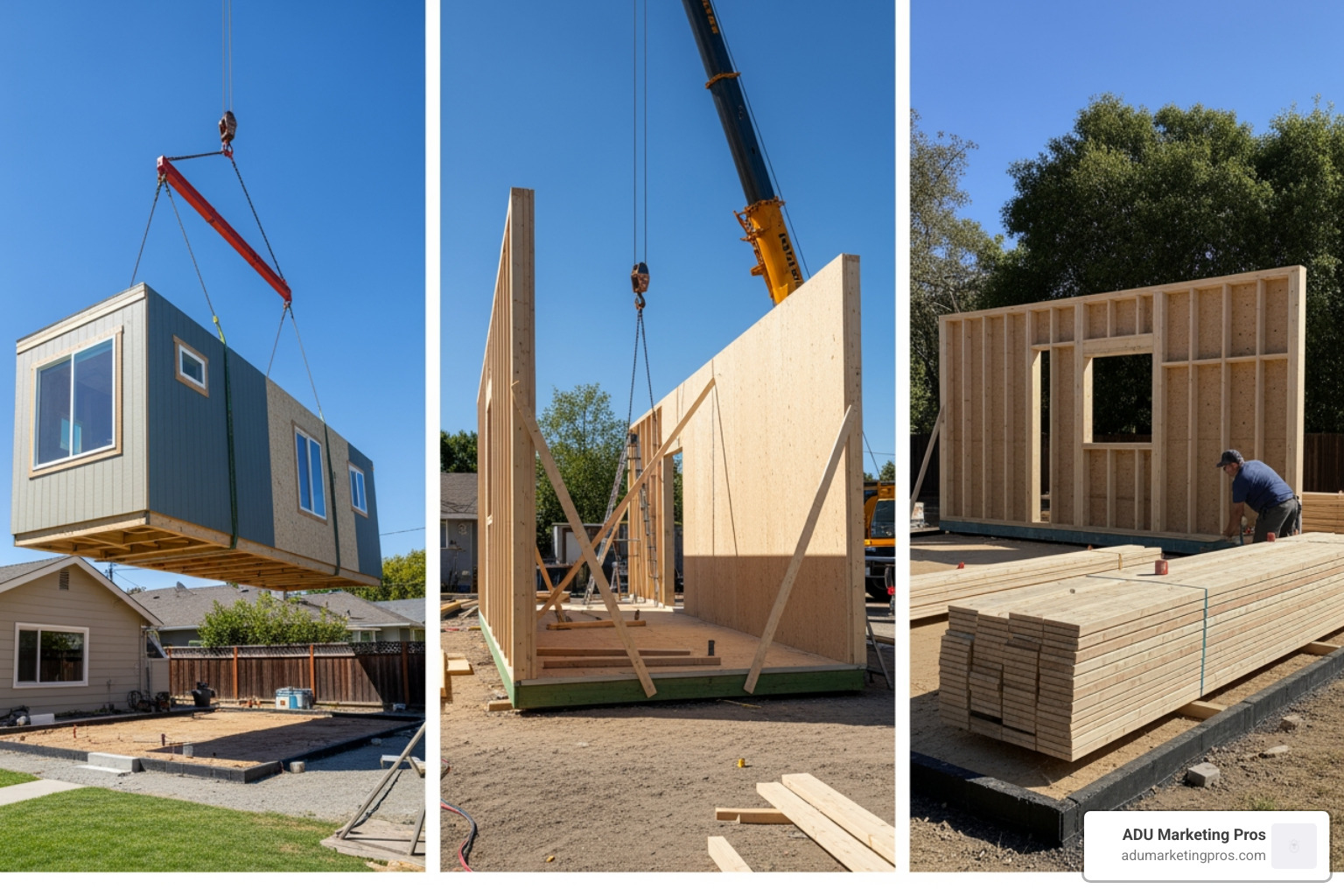 Table comparing Modular vs. Panelized vs. Kit ADUs based on construction method, on-site time, cost, and typical use case - premade adu Table comparing Modular vs. Panelized vs. Kit ADUs based on construction method, on-site time, cost, and typical use case - premade adu