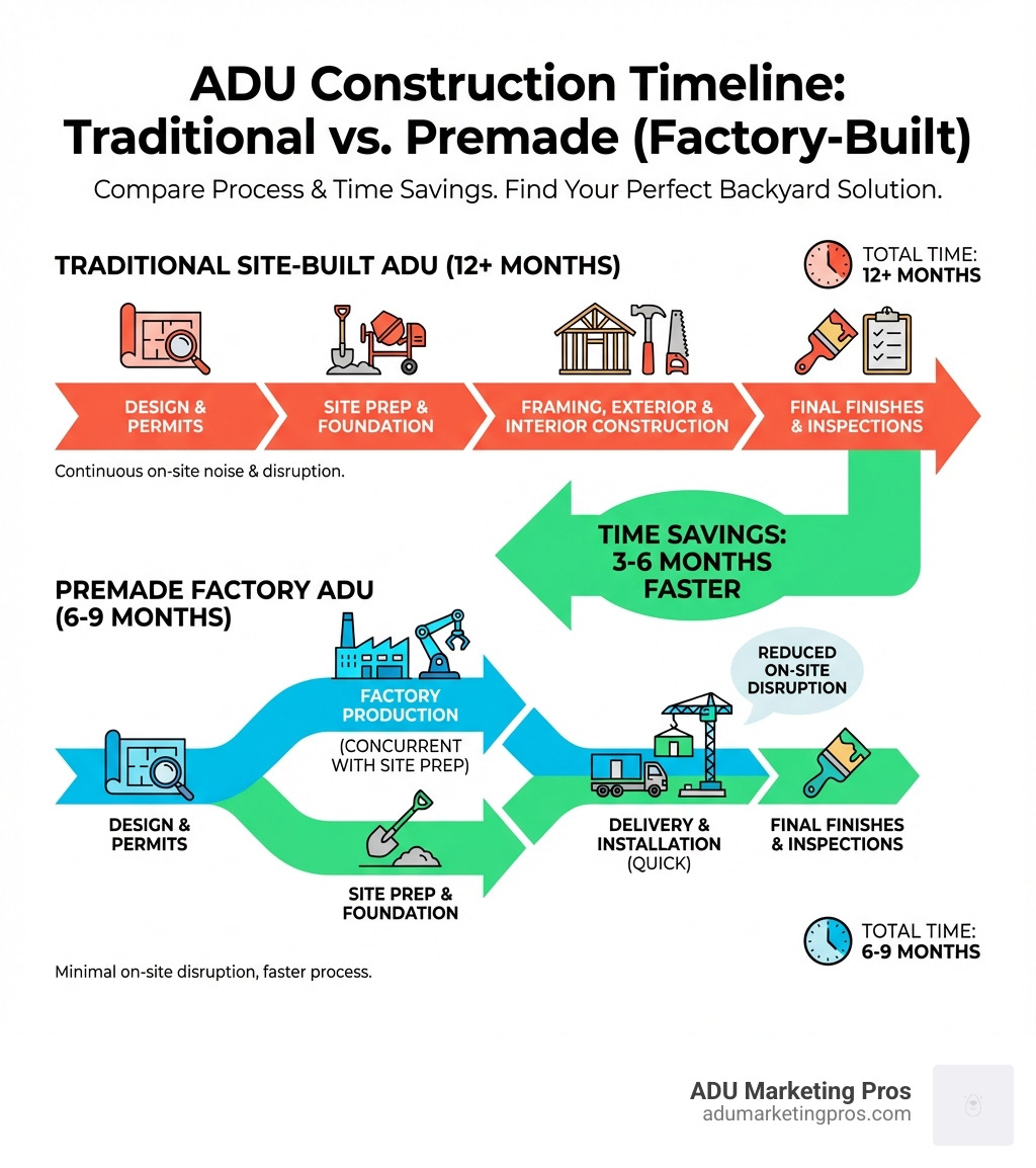Infographic comparing traditional site-built ADU construction timeline and process versus premade ADU factory construction, delivery, and installation, showing time savings of 3-6 months and reduced on-site disruption - premade adu infographic Infographic comparing traditional site-built ADU construction timeline and process versus premade ADU factory construction, delivery, and installation, showing time savings of 3-6 months and reduced on-site disruption - premade adu infographic