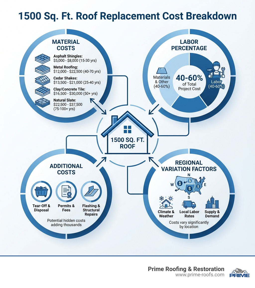 infographic showing cost breakdown for 1500 sq ft roof replacement with material costs, labor percentage, additional costs like tear-off and permits, and regional variation factors - new roof cost 1500 sq ft infographic 