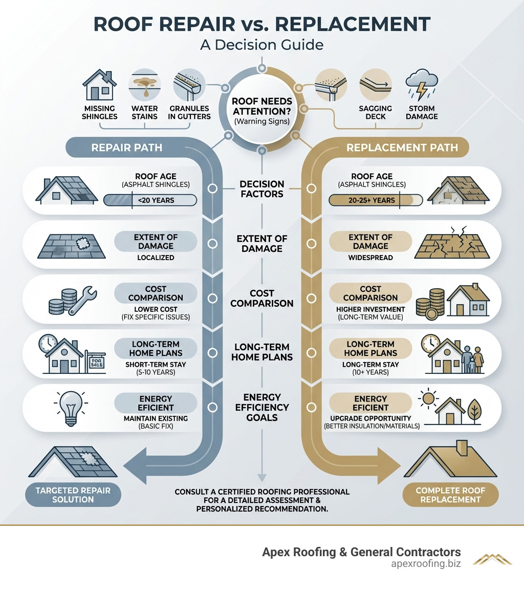 Infographic showing the decision tree for roof repair vs replacement: factors include roof age (20-25 years for asphalt shingles), extent of damage (localized vs widespread), cost comparison, long-term home plans, and energy efficiency goals. Includes visual indicators for warning signs like missing shingles, water stains, granules in gutters, sagging deck, and storm damage. - roof experts near me infographic Infographic showing the decision tree for roof repair vs replacement: factors include roof age (20-25 years for asphalt shingles), extent of damage (localized vs widespread), cost comparison, long-term home plans, and energy efficiency goals. Includes visual indicators for warning signs like missing shingles, water stains, granules in gutters, sagging deck, and storm damage. - roof experts near me infographic