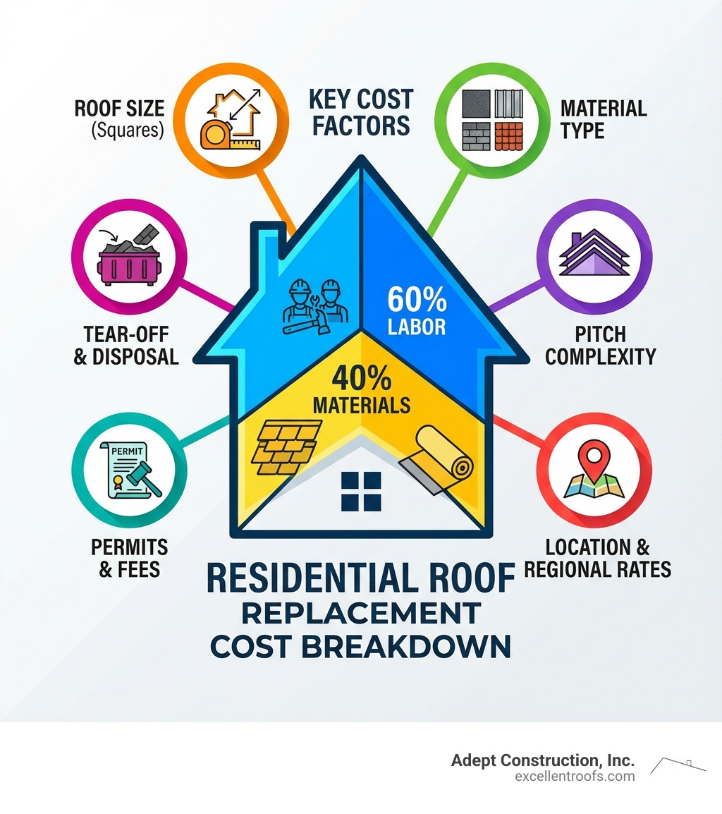 Infographic showing the breakdown of residential roof replacement cost: 60% labor, 40% materials, with key cost factors including roof size, material type, pitch complexity, location, permits, and tear-off expenses - residential roof replacement cost infographic Infographic showing the breakdown of residential roof replacement cost: 60% labor, 40% materials, with key cost factors including roof size, material type, pitch complexity, location, permits, and tear-off expenses - residential roof replacement cost infographic