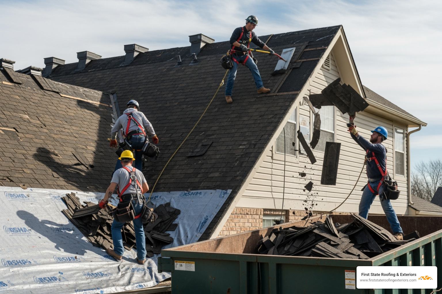 roof tear-off process with a dumpster nearby - asphalt shingle replacement roof tear-off process with a dumpster nearby - asphalt shingle replacement