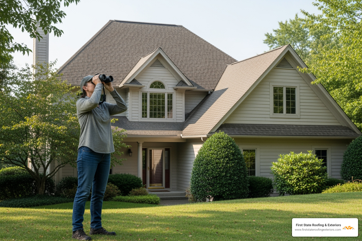 person safely inspecting a roof with binoculars from the ground - asphalt shingle replacement person safely inspecting a roof with binoculars from the ground - asphalt shingle replacement