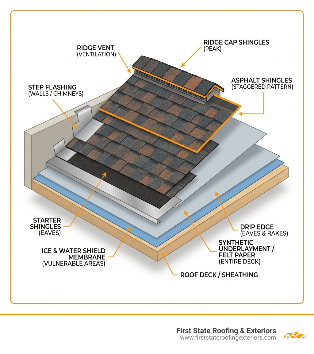 Detailed infographic showing the complete roofing system layers from bottom to top: roof deck or sheathing, ice and water shield membrane at vulnerable areas, synthetic underlayment or felt paper covering the entire deck, drip edge along eaves and rakes, starter shingles at the eaves, overlapping courses of asphalt shingles installed in a staggered pattern, step flashing at walls and chimneys, ridge vent for ventilation, and ridge cap shingles covering the peak - asphalt shingle replacement infographic Detailed infographic showing the complete roofing system layers from bottom to top: roof deck or sheathing, ice and water shield membrane at vulnerable areas, synthetic underlayment or felt paper covering the entire deck, drip edge along eaves and rakes, starter shingles at the eaves, overlapping courses of asphalt shingles installed in a staggered pattern, step flashing at walls and chimneys, ridge vent for ventilation, and ridge cap shingles covering the peak - asphalt shingle replacement infographic
