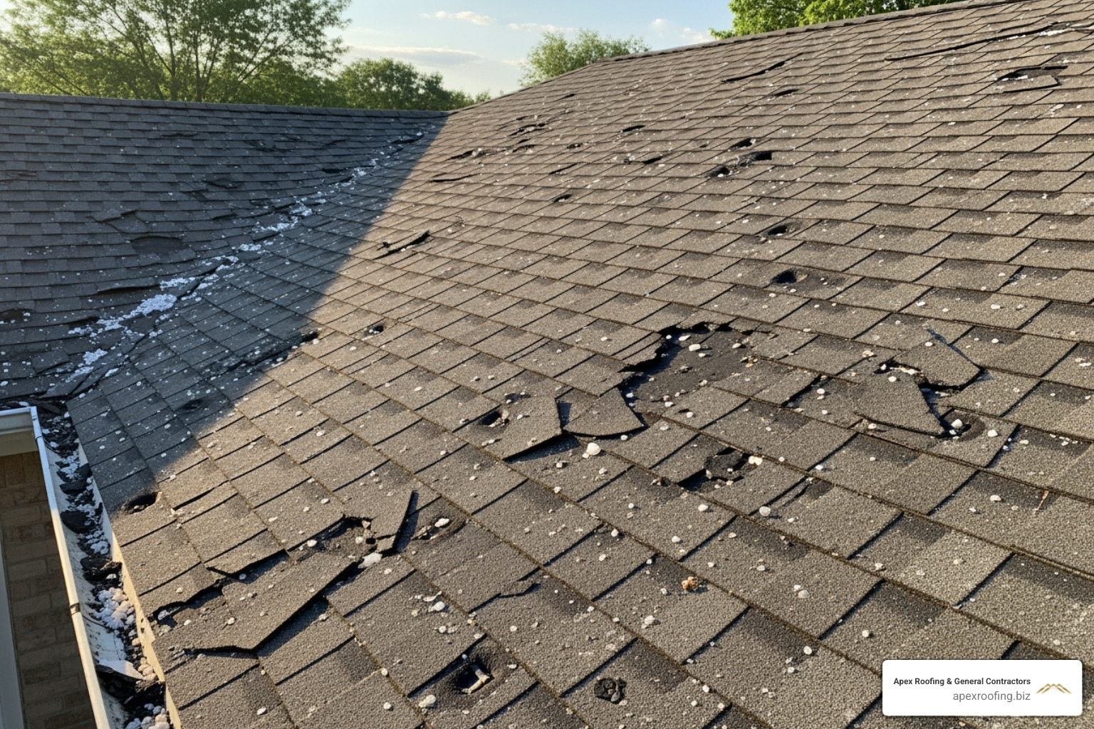 a roof damaged by hail with visible impact marks and cracked shingles - affordable roofing san antonio