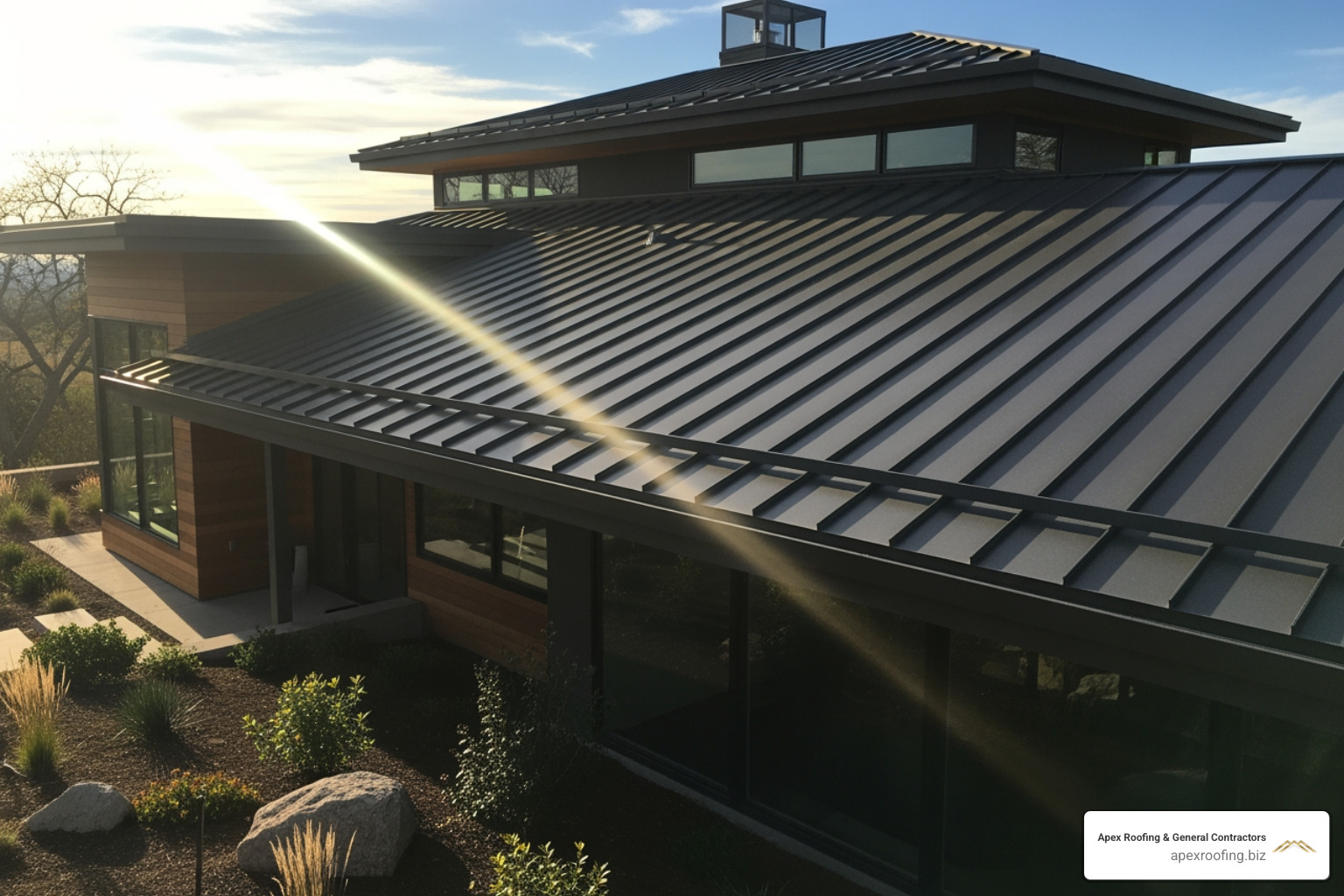 a modern standing-seam metal roof on a contemporary home, reflecting sunlight - affordable roofing san antonio