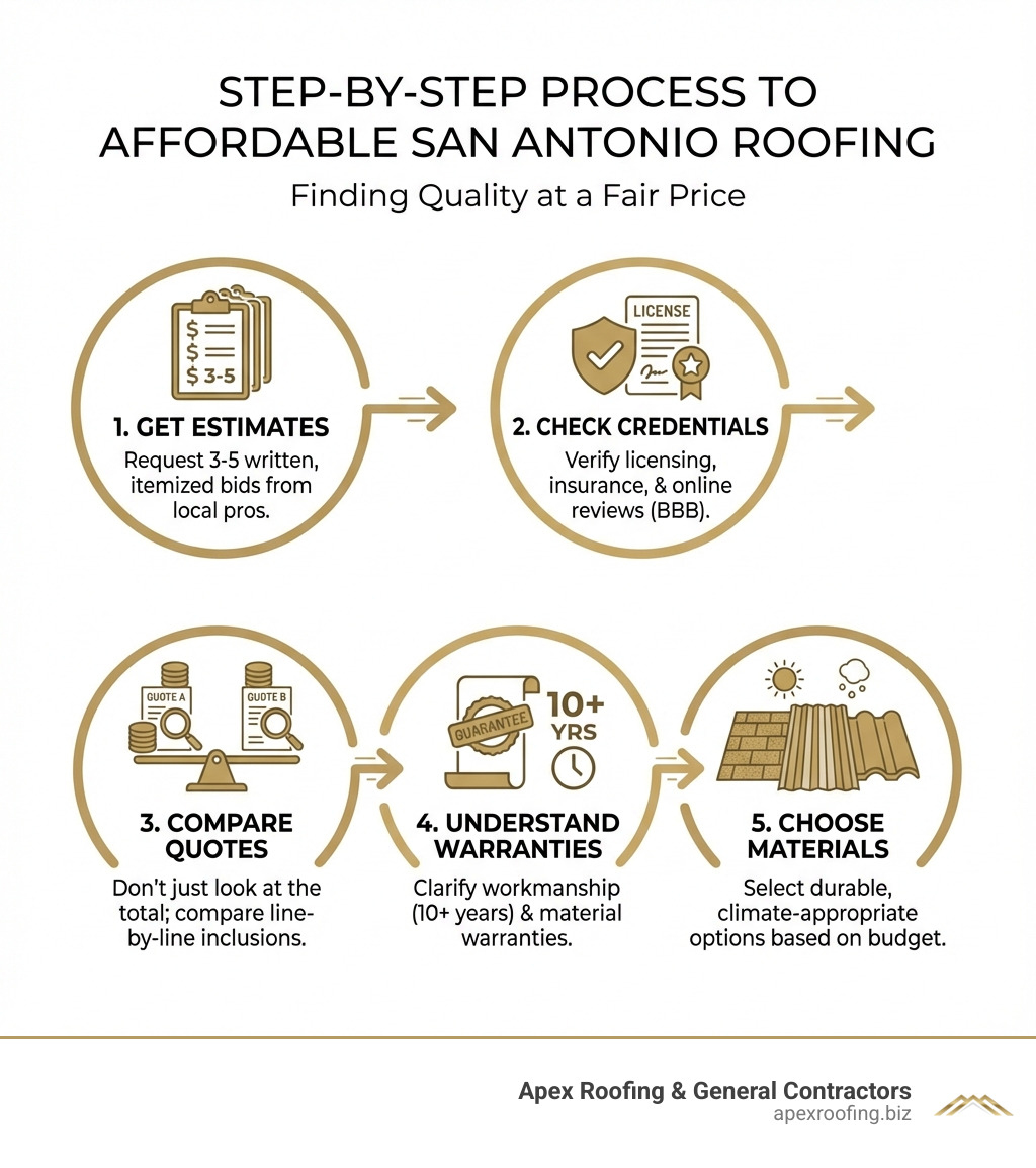 infographic showing the step-by-step process for finding an affordable San Antonio roofer including getting estimates, checking credentials, comparing quotes, understanding warranties, and choosing materials based on climate and budget - affordable roofing san antonio infographic 
