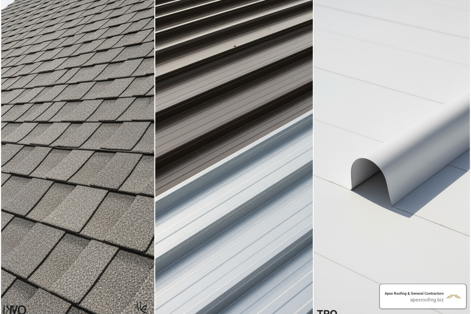 showing a collage of different roofing materials like asphalt shingles, metal panels, and TPO roofing. - roof repair contractors
