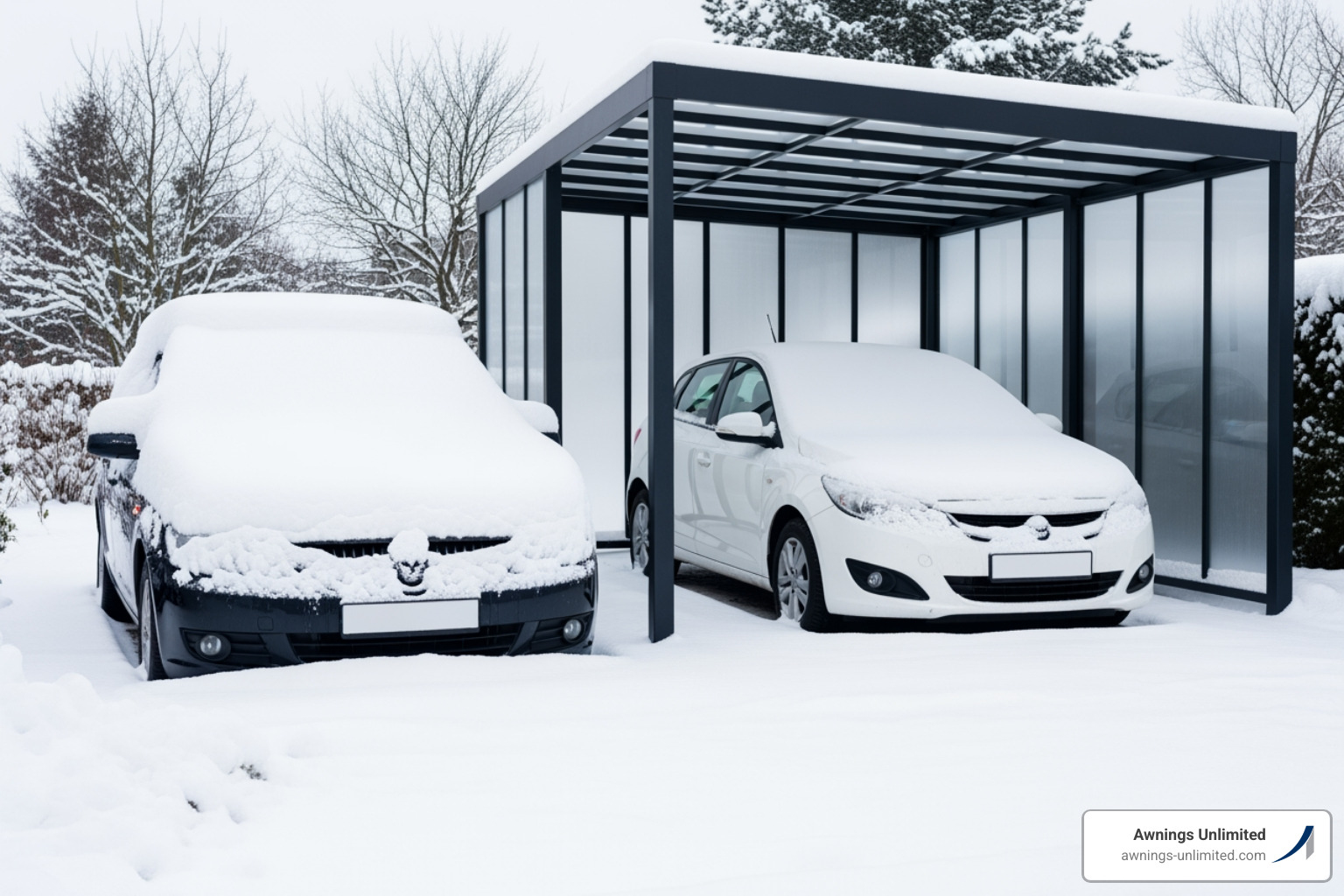 image of a car covered in snow next to a clear car under a carport - carport shade structures image of a car covered in snow next to a clear car under a carport - carport shade structures