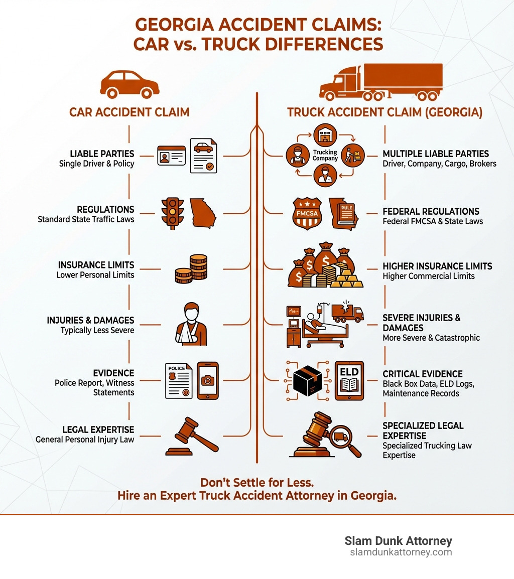 Infographic showing the key differences between a car accident claim and a truck accident claim in Georgia, including: multiple liable parties in truck cases, federal FMCSA regulations that apply only to trucks, higher insurance policy limits for commercial vehicles, more severe injuries and damages, black box data and electronic logs as critical evidence, and the need for specialized legal expertise in trucking law - experienced truck accident lawyer infographic 