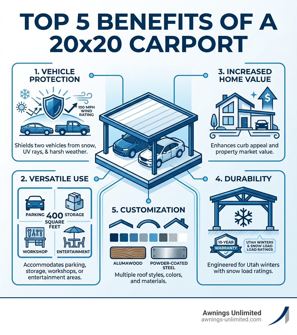 Infographic showing the top 5 benefits of a 20x20 carport: 1. Vehicle Protection - shields two vehicles from snow, UV rays, and harsh weather with wind ratings up to 100 MPH; 2. Versatile Use - 400 square feet accommodates parking, storage, workshops, or entertainment areas; 3. Increased Home Value - enhances curb appeal and property market value; 4. Durability - engineered for Utah winters with snow load ratings and 10-year warranties; 5. Customization - multiple roof styles, colors, and materials including Alumawood and powder-coated steel - 20x20 carport installed infographic Infographic showing the top 5 benefits of a 20x20 carport: 1. Vehicle Protection - shields two vehicles from snow, UV rays, and harsh weather with wind ratings up to 100 MPH; 2. Versatile Use - 400 square feet accommodates parking, storage, workshops, or entertainment areas; 3. Increased Home Value - enhances curb appeal and property market value; 4. Durability - engineered for Utah winters with snow load ratings and 10-year warranties; 5. Customization - multiple roof styles, colors, and materials including Alumawood and powder-coated steel - 20x20 carport installed infographic