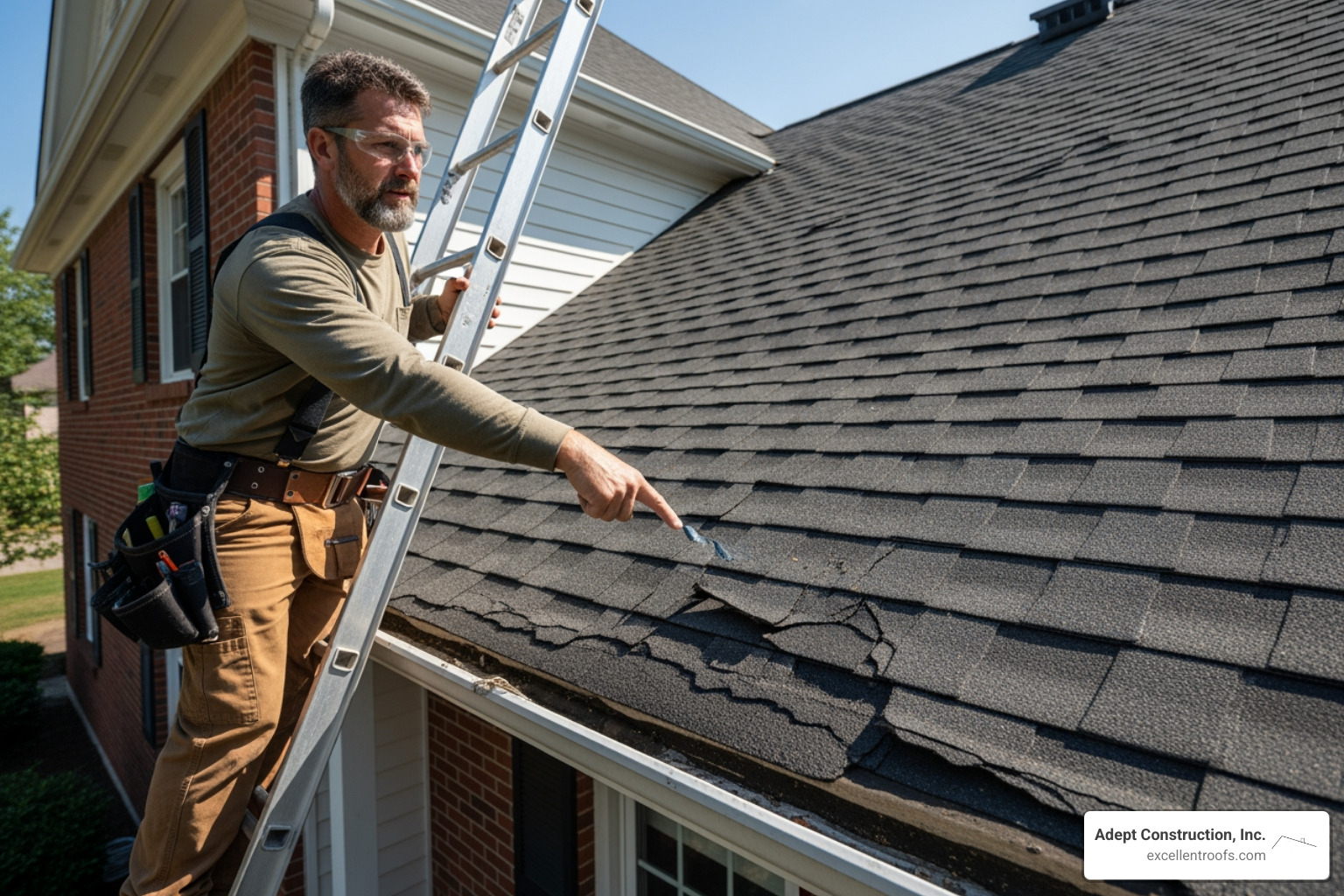 A roofer on a ladder pointing to cracked and curling asphalt shingles on a residential roof. - roof inspection Naperville