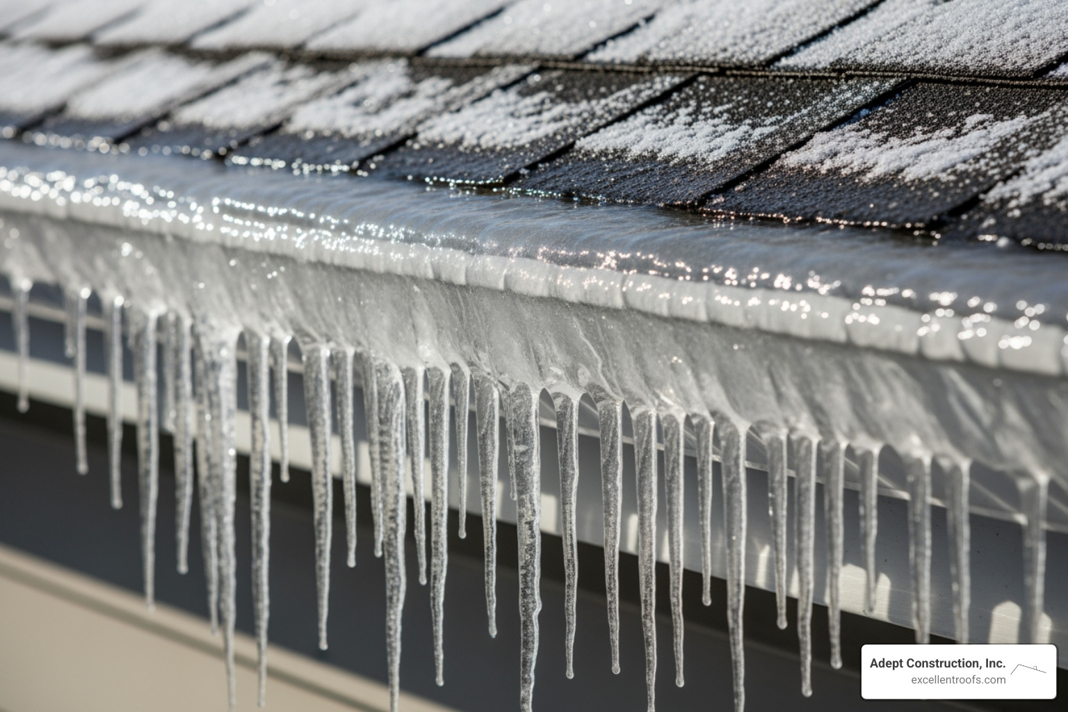 A close-up image of an ice dam forming on the edge of a roof with icicles hanging down. - roof inspection Naperville
