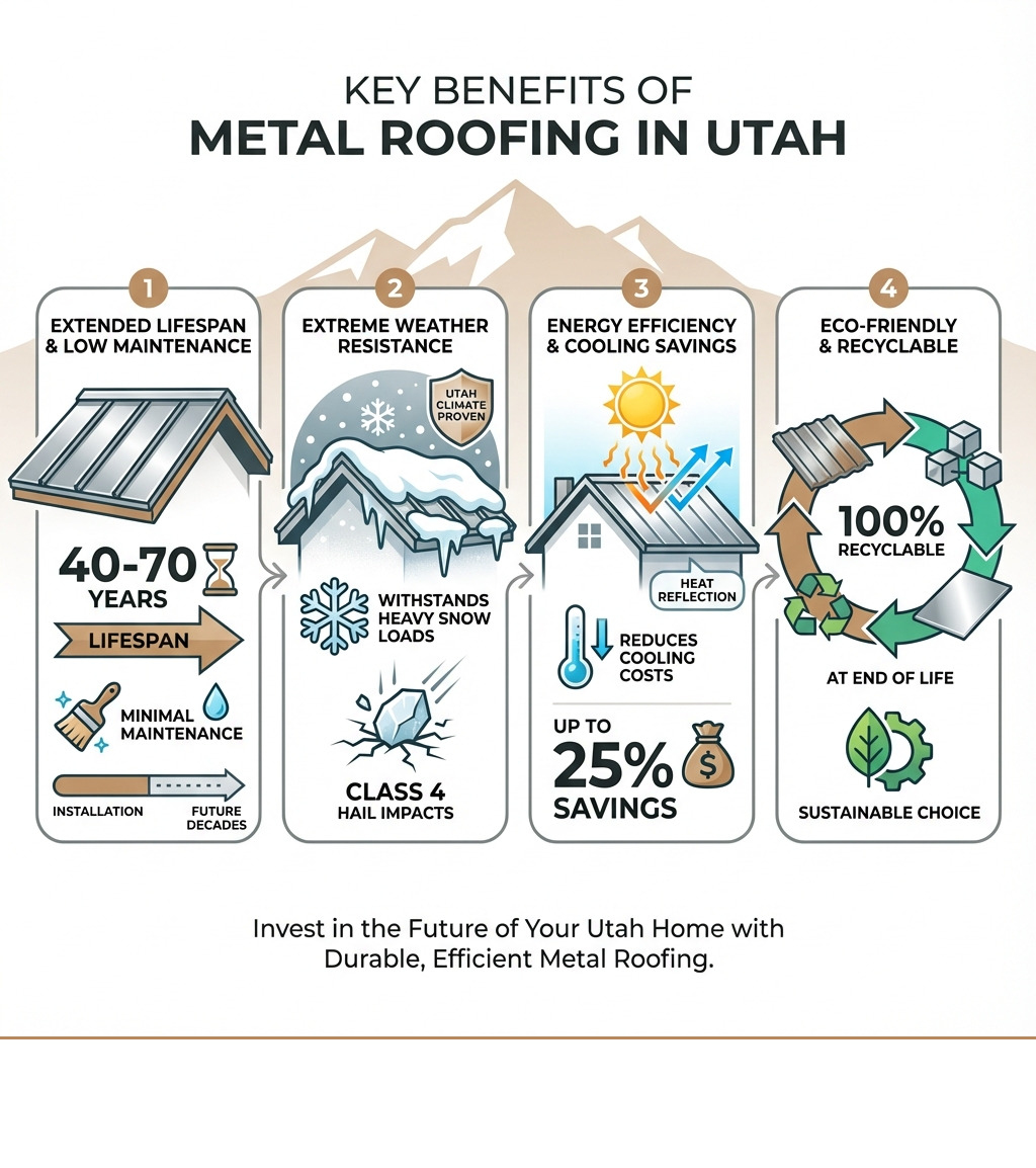 Infographic showing the four key benefits of metal roofing in Utah: 40-70 year lifespan with minimal maintenance, withstands heavy snow loads and Class 4 hail impacts, reduces cooling costs by up to 25% through heat reflection, and is 100% recyclable at end of life - Metal roofing contractors Utah infographic Infographic showing the four key benefits of metal roofing in Utah: 40-70 year lifespan with minimal maintenance, withstands heavy snow loads and Class 4 hail impacts, reduces cooling costs by up to 25% through heat reflection, and is 100% recyclable at end of life - Metal roofing contractors Utah infographic