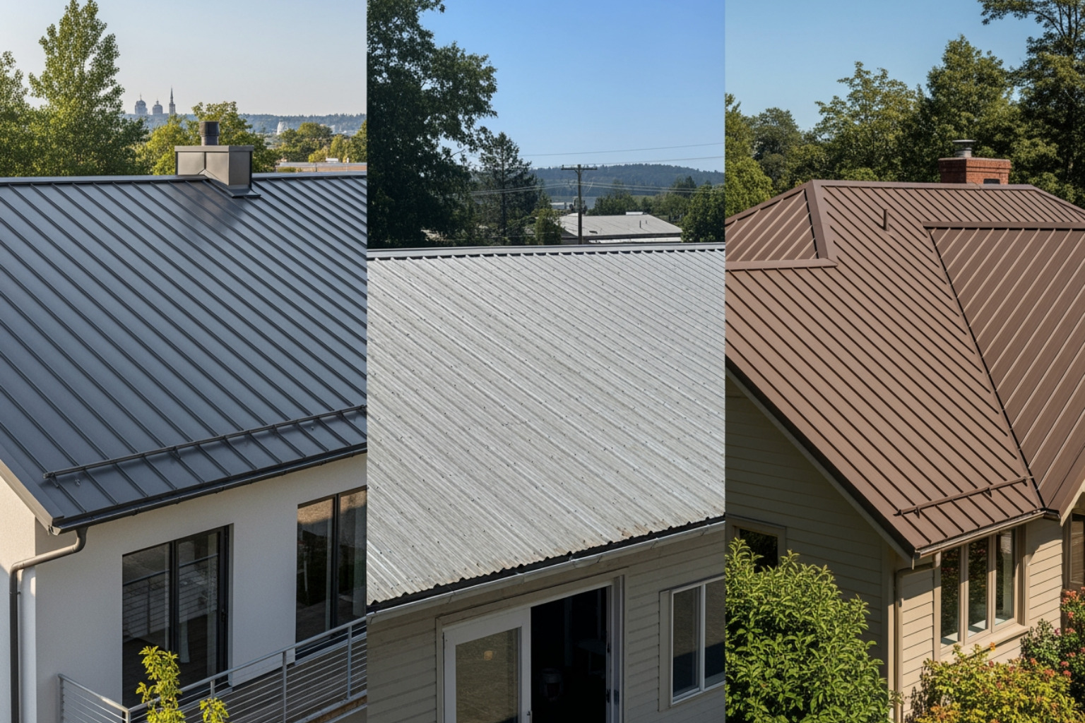 An image showing different metal roof styles side-by-side, such as standing seam, corrugated, and metal shingles - Metal roofing contractors Utah An image showing different metal roof styles side-by-side, such as standing seam, corrugated, and metal shingles - Metal roofing contractors Utah