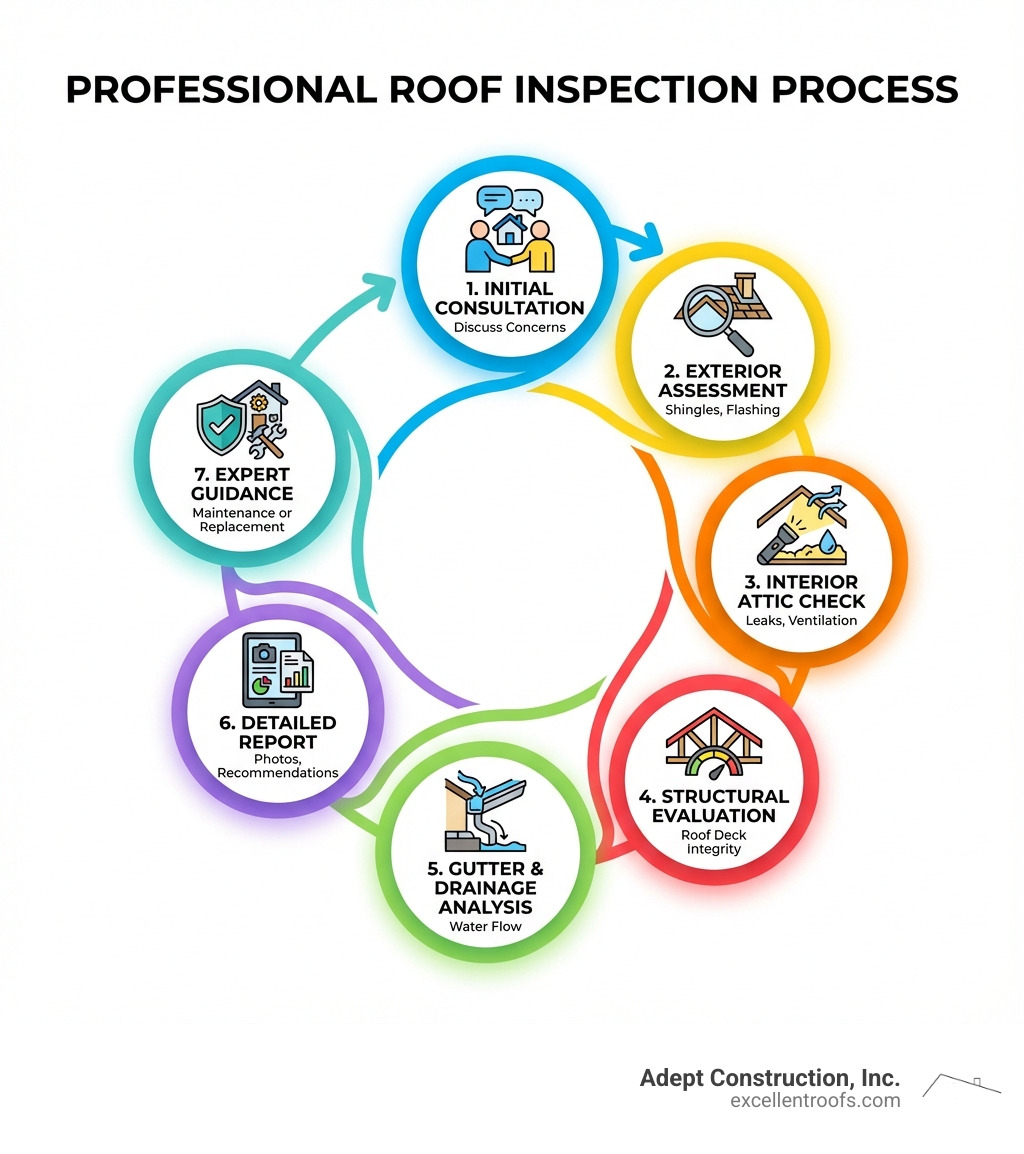 Infographic showing the roof inspection process: Initial consultation to discuss concerns, exterior inspection of shingles and flashing, interior attic check for leaks and ventilation, structural evaluation of roof deck, gutter and drainage analysis, detailed photographic report with repair recommendations, and expert guidance on maintenance or replacement options - roof inspection Naperville infographic 