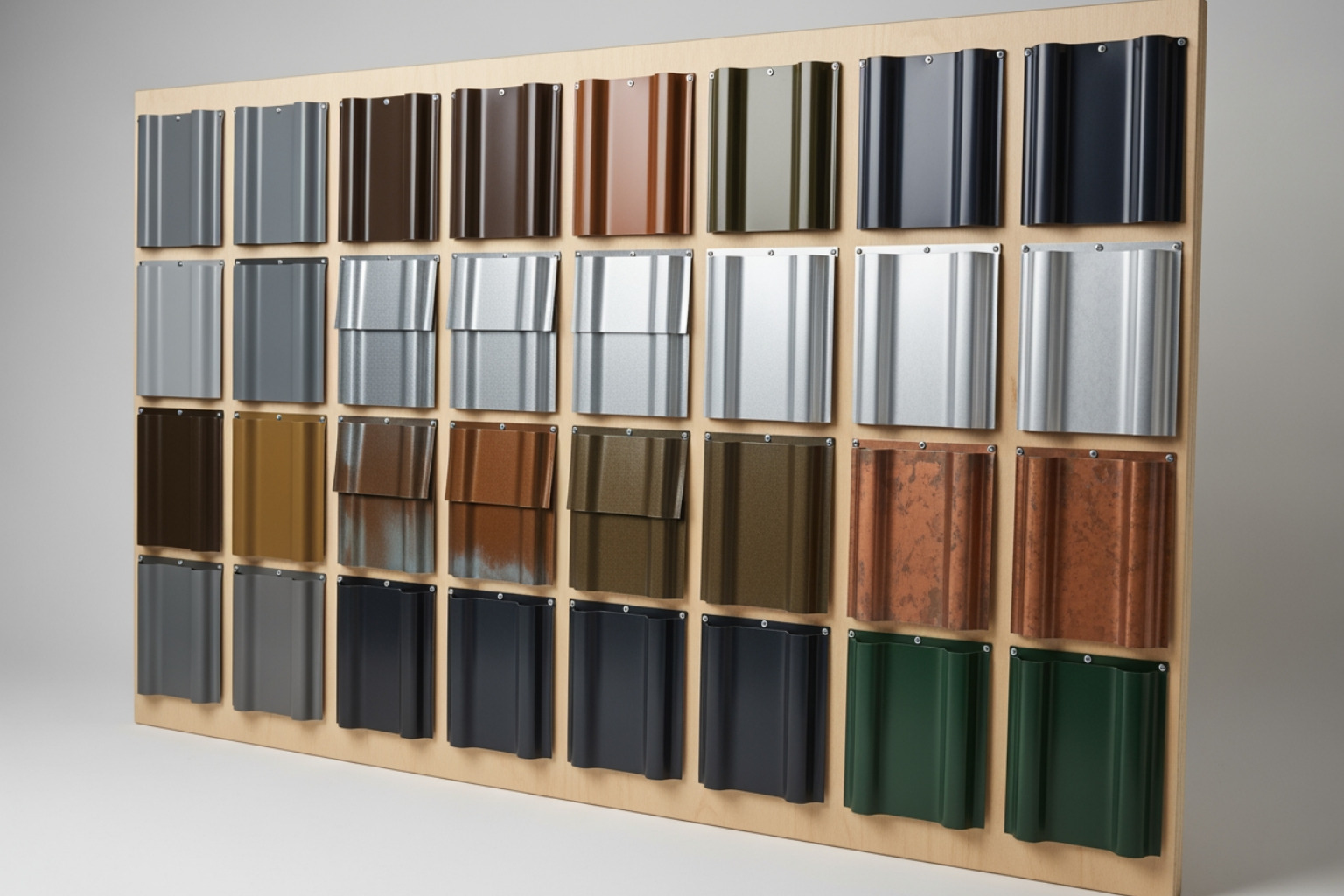 A sample board displaying various metal roof colors and finishes - Residential metal roofing Utah A sample board displaying various metal roof colors and finishes - Residential metal roofing Utah