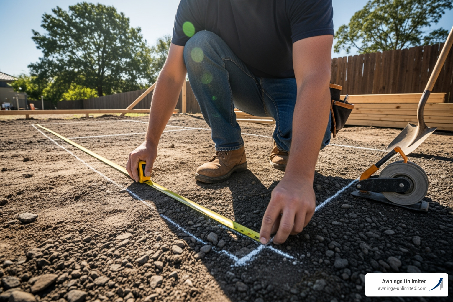 A person using a measuring tape and chalk line to mark out a carport area for installation - metal carport installation A person using a measuring tape and chalk line to mark out a carport area for installation - metal carport installation