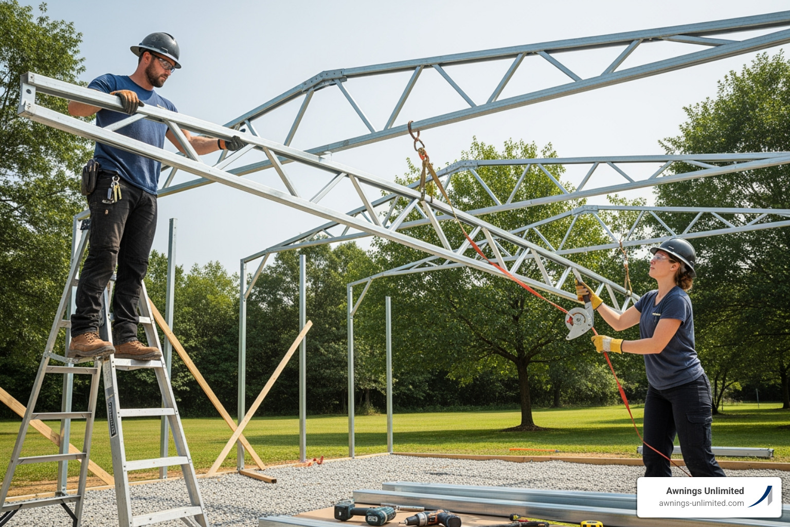 Two people raising and connecting the steel trusses of a carport frame - metal carport installation Two people raising and connecting the steel trusses of a carport frame - metal carport installation