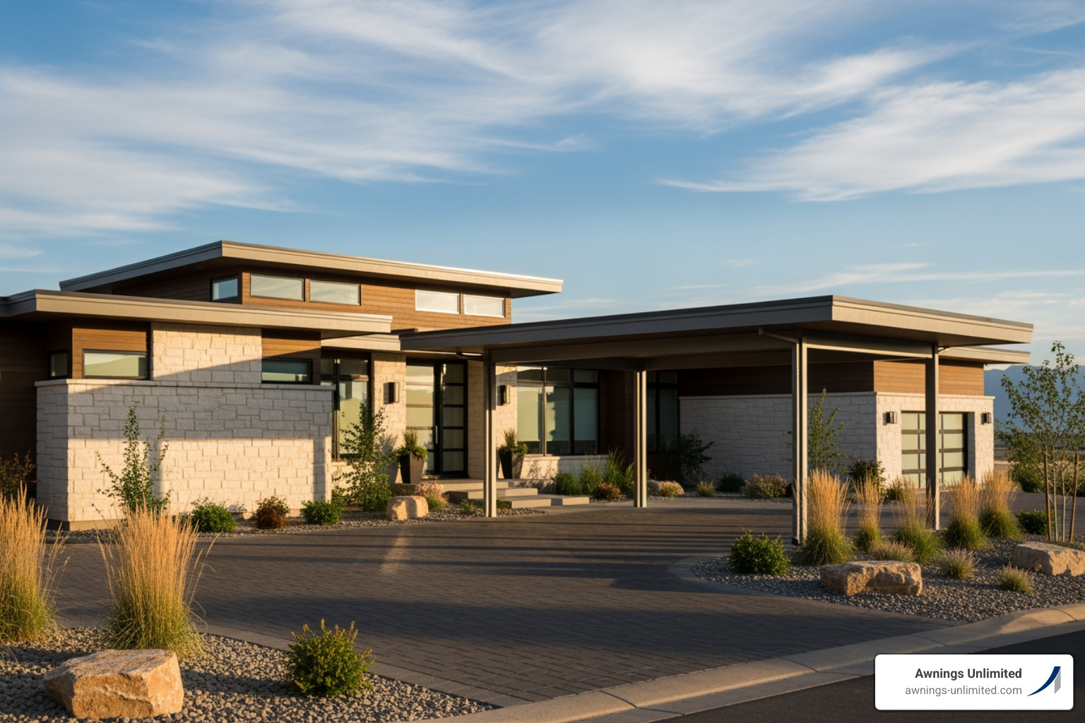 A sleek metal carport complementing a modern Utah home, increasing its curb appeal - Metal carports Utah A sleek metal carport complementing a modern Utah home, increasing its curb appeal - Metal carports Utah