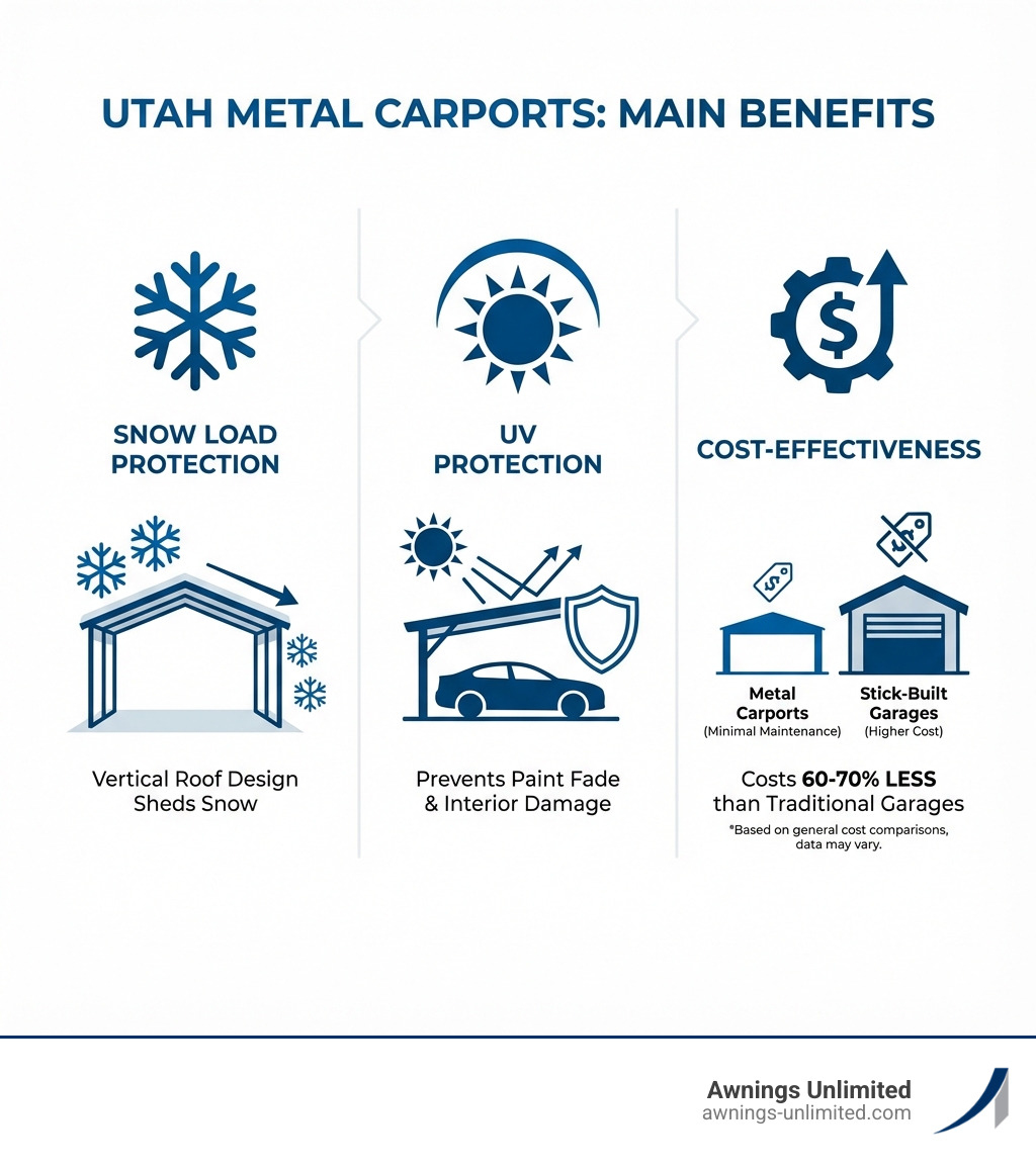 infographic showing three main benefits of metal carports in Utah: a snowflake icon representing snow load protection with vertical roof design, a sun icon representing UV protection preventing paint fade and interior damage, and a dollar sign icon representing cost-effectiveness compared to traditional garage construction, with data showing metal carports cost 60-70% less than stick-built garages and require minimal maintenance - Metal carports Utah infographic infographic showing three main benefits of metal carports in Utah: a snowflake icon representing snow load protection with vertical roof design, a sun icon representing UV protection preventing paint fade and interior damage, and a dollar sign icon representing cost-effectiveness compared to traditional garage construction, with data showing metal carports cost 60-70% less than stick-built garages and require minimal maintenance - Metal carports Utah infographic