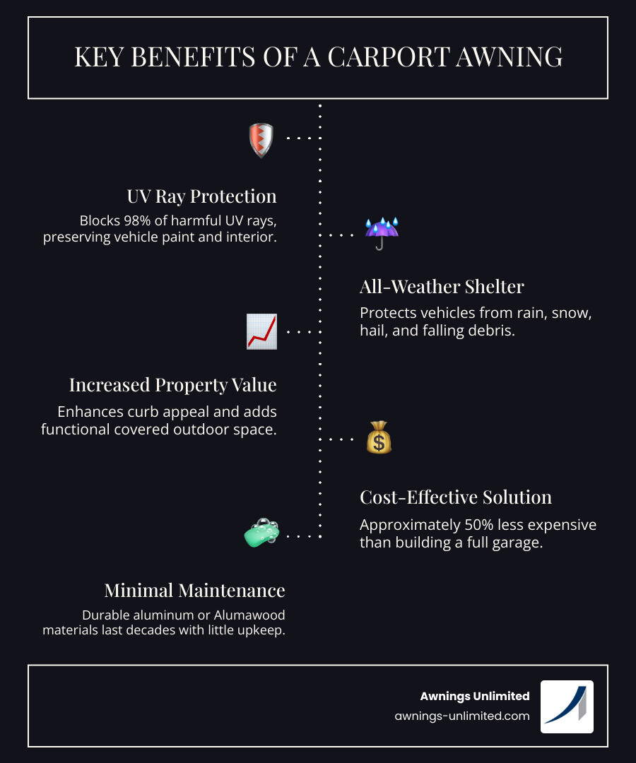 Infographic showing key benefits of carport awnings: 98% UV Ray Protection for paint preservation, All-Weather Shelter from rain snow and hail, Increased Property Value through enhanced curb appeal, 50% Lower Cost than building a full garage, and Minimal Maintenance with aluminum or Alumawood materials lasting decades - carport awnings for sale near me infographic infographic-line-5-steps-dark