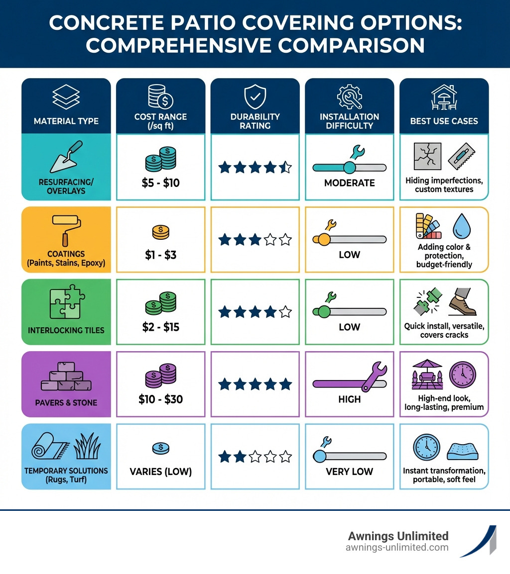 Comprehensive comparison of concrete patio covering options showing material types, cost ranges, durability ratings, installation difficulty, and best use cases for each option including resurfacing, tiles, pavers, coatings, and temporary solutions - concrete patio covering options infographic Comprehensive comparison of concrete patio covering options showing material types, cost ranges, durability ratings, installation difficulty, and best use cases for each option including resurfacing, tiles, pavers, coatings, and temporary solutions - concrete patio covering options infographic