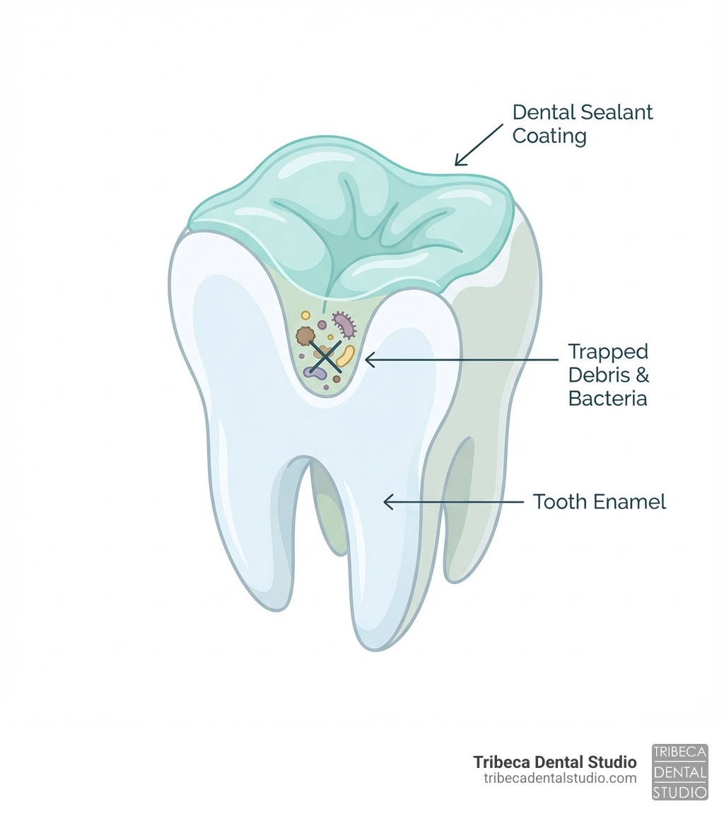 Infographic showing a cross-section of a molar tooth with a dental sealant coating the deep grooves and fissures on the chewing surface, blocking food particles and bacteria from entering, with labels pointing to the sealant layer, tooth enamel, and trapped debris being prevented - dental sealants Chelsea infographic 