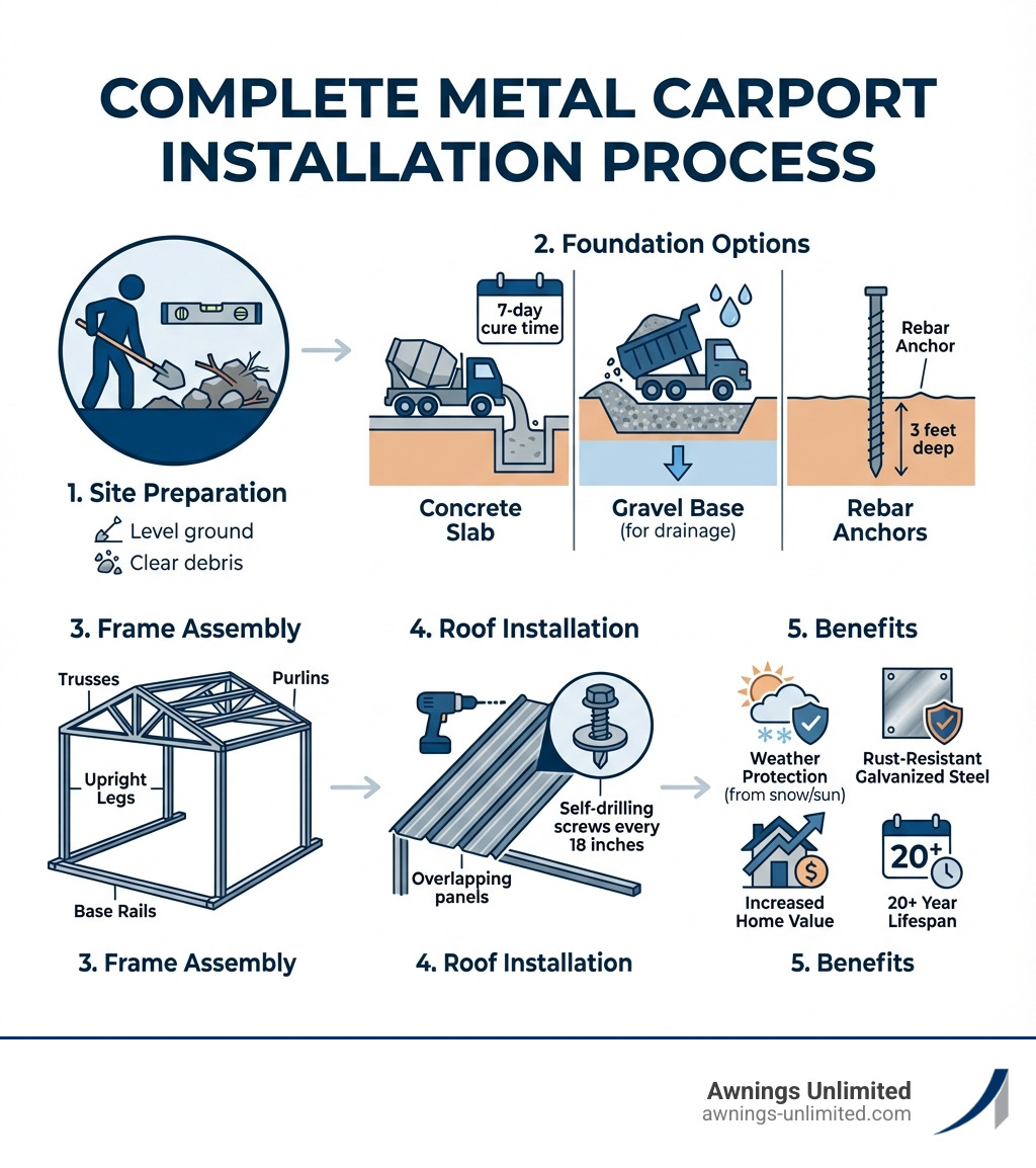 Infographic showing the complete metal carport installation process: 1) Site Preparation (leveling ground, clearing debris), 2) Foundation Options (concrete slab with 7-day cure time, gravel base for drainage, rebar anchors 3 feet deep), 3) Frame Assembly (base rails, upright legs, trusses, purlins), 4) Roof Installation (overlapping panels, self-drilling screws every 18 inches), 5) Benefits (weather protection from snow/sun, rust-resistant galvanized steel, increased home value, 20+ year lifespan) - metal carport installation infographic Infographic showing the complete metal carport installation process: 1) Site Preparation (leveling ground, clearing debris), 2) Foundation Options (concrete slab with 7-day cure time, gravel base for drainage, rebar anchors 3 feet deep), 3) Frame Assembly (base rails, upright legs, trusses, purlins), 4) Roof Installation (overlapping panels, self-drilling screws every 18 inches), 5) Benefits (weather protection from snow/sun, rust-resistant galvanized steel, increased home value, 20+ year lifespan) - metal carport installation infographic