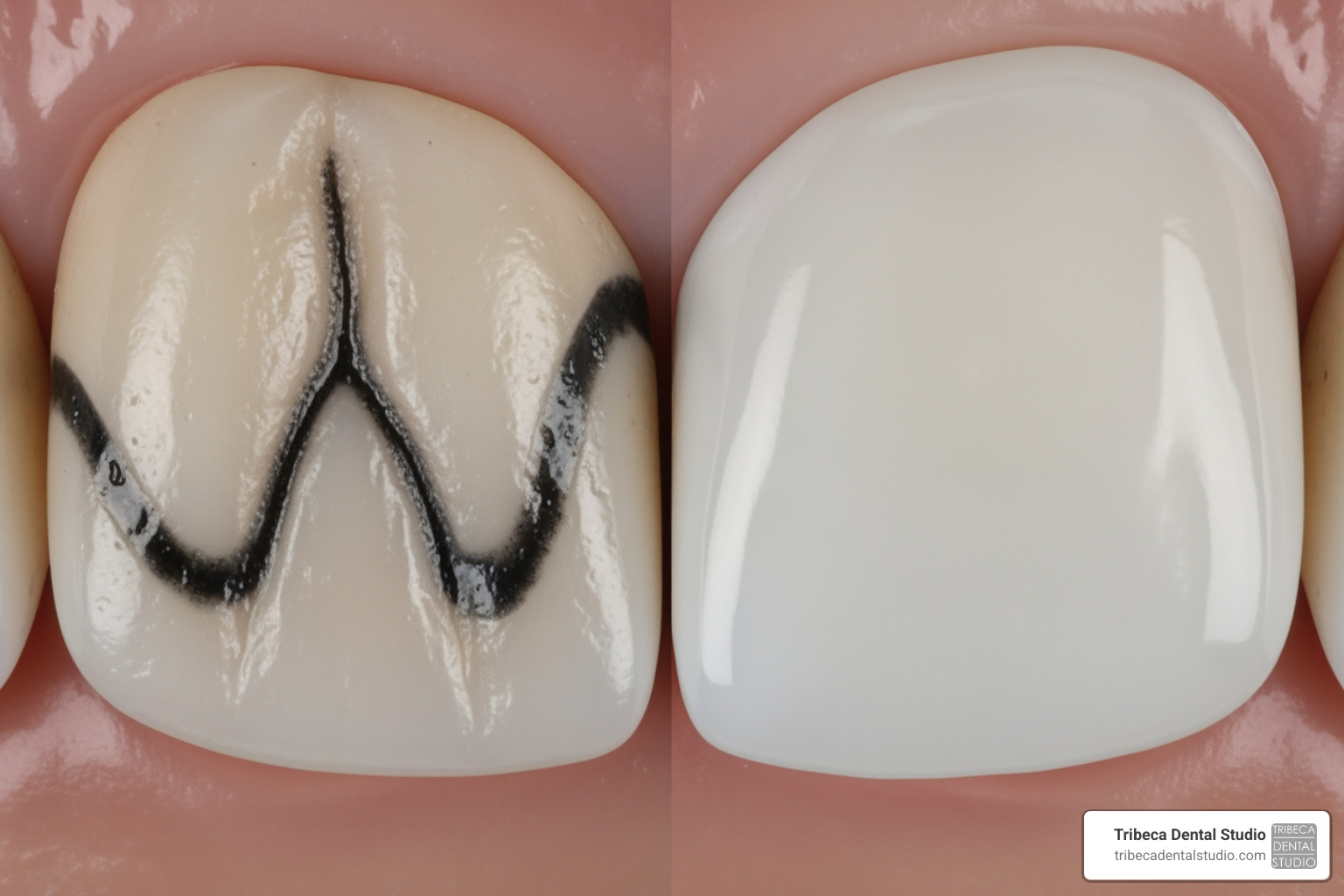 A close-up image of a molar, with a "before" side showing deep, dark grooves and an "after" side showing the same molar with a smooth, light-colored sealant covering the grooves - dental sealants Chelsea