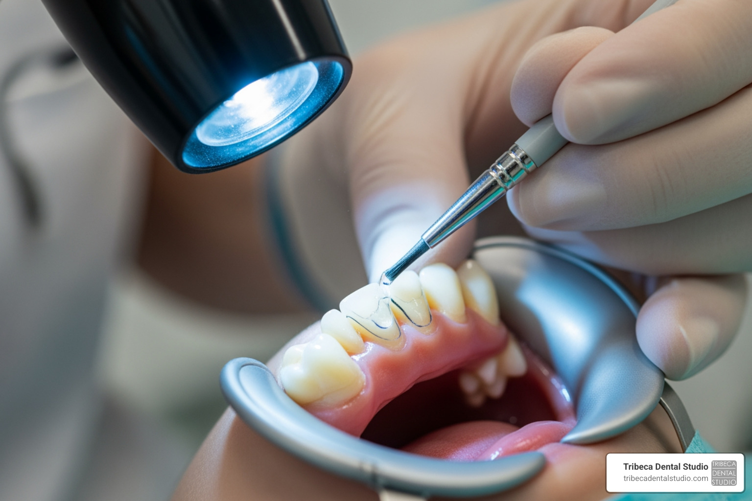 A close-up image showing a dental hygienist or dentist carefully applying a liquid sealant to the chewing surface of a child's molar with a small brush, while a light source is directed at the tooth - dental sealants Chelsea