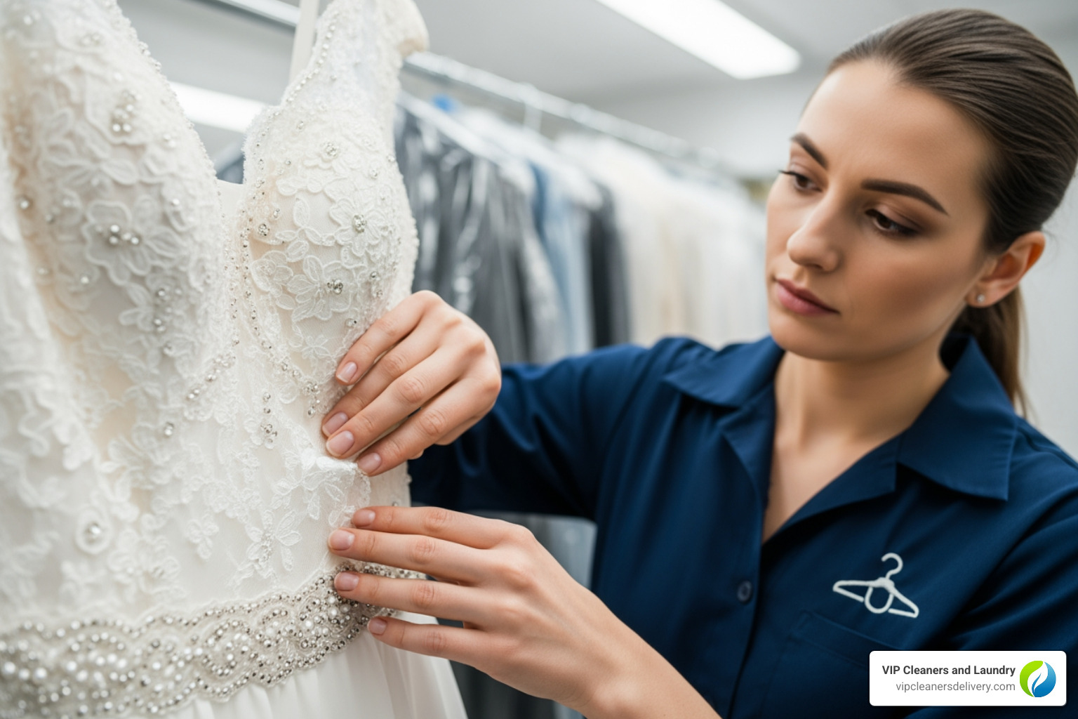 A close-up image of a wedding dress being carefully inspected by a professional cleaner - south park dry cleaners