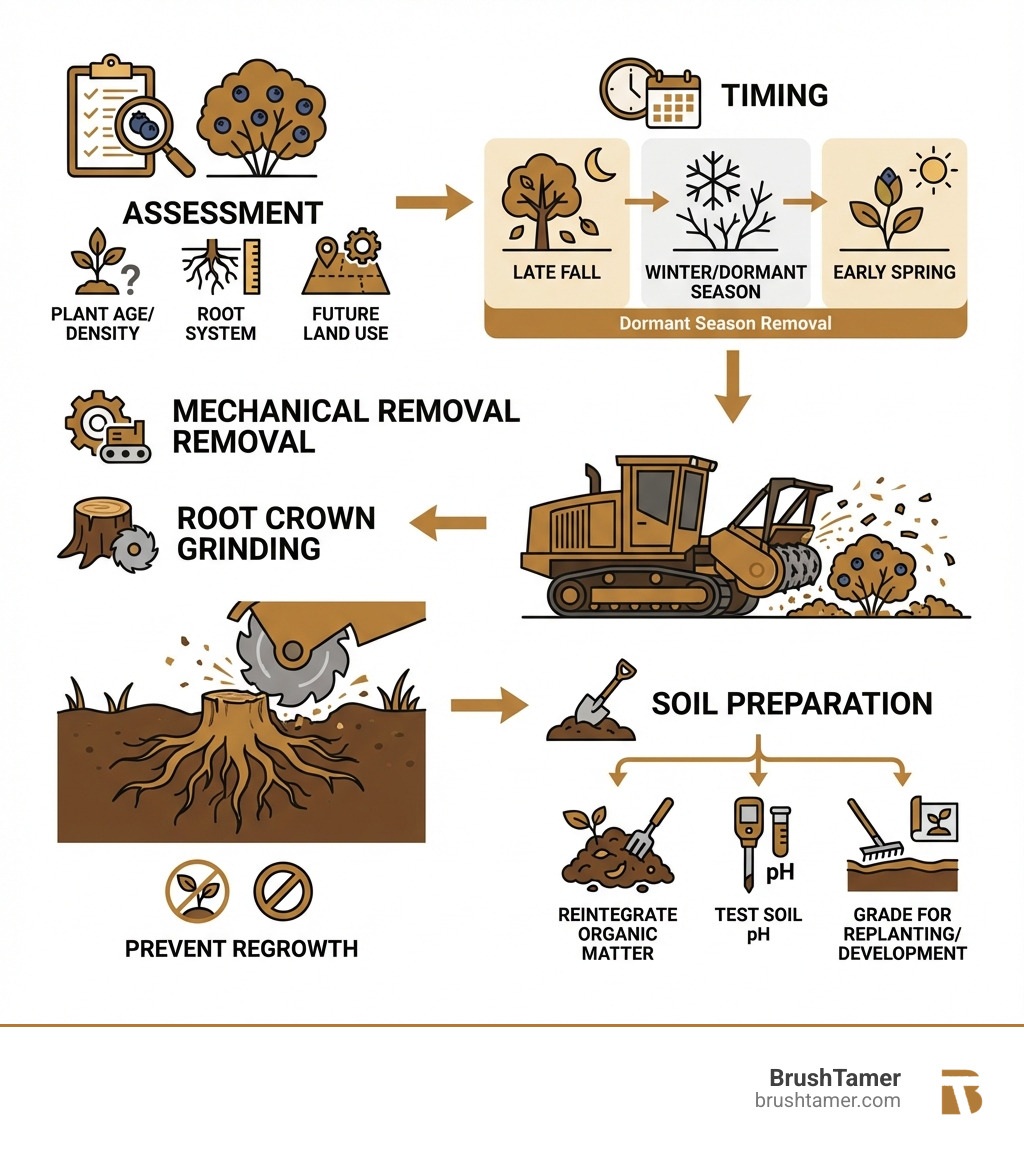 Infographic showing the blueberry bush removal process from assessment through site preparation, including timing considerations for dormant season removal in late fall through early spring, mechanical removal methods using forestry mulching equipment, root crown grinding to prevent regrowth, and final soil preparation steps for replanting or development projects - Blueberry bush removal infographic 