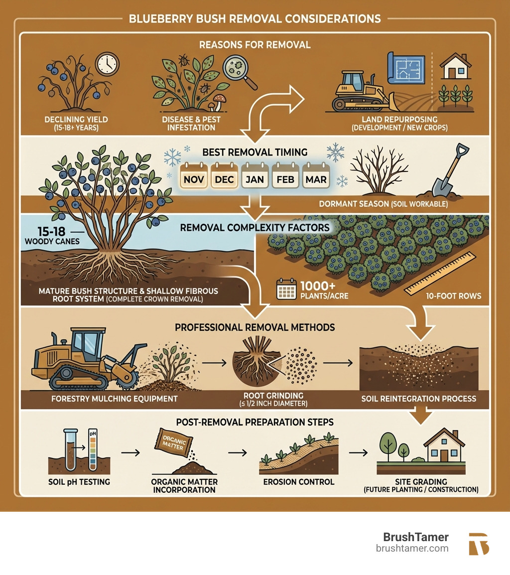 Detailed infographic illustrating blueberry bush removal considerations: reasons for removal including declining yield after 15-18 years, disease and pest infestation, land repurposing for development or new crops; best removal timing during dormant season from November through March when soil is workable; removal complexity factors showing mature bush structure with 15-18 woody canes, shallow fibrous root system requiring complete crown removal, high-density commercial plantings with 1000-plus plants per acre in 10-foot rows; professional removal methods featuring forestry mulching equipment, root grinding to half-inch diameter or smaller, and soil reintegration process; post-removal preparation steps including soil pH testing, organic matter incorporation, erosion control, and site grading for future planting or construction - Blueberry bush removal infographic 
