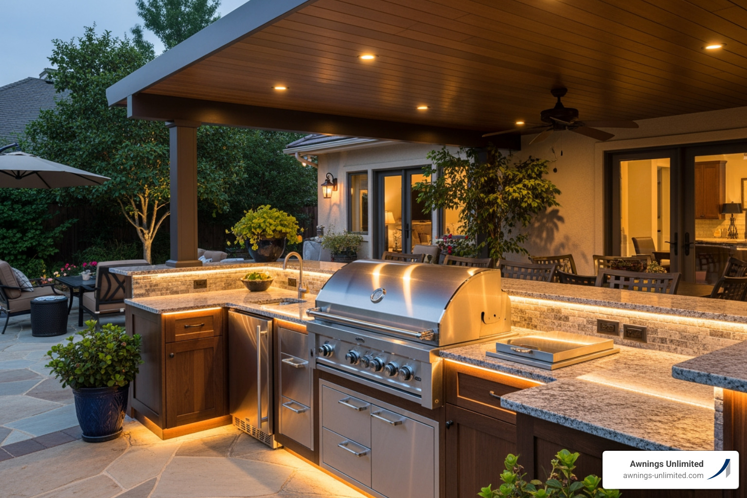 A durable Alumawood patio cover extends over a sophisticated built-in outdoor kitchen, featuring a large grill, counter space, and integrated lighting, all designed for seamless outdoor entertaining. - bbq area cover ideas A durable Alumawood patio cover extends over a sophisticated built-in outdoor kitchen, featuring a large grill, counter space, and integrated lighting, all designed for seamless outdoor entertaining. - bbq area cover ideas