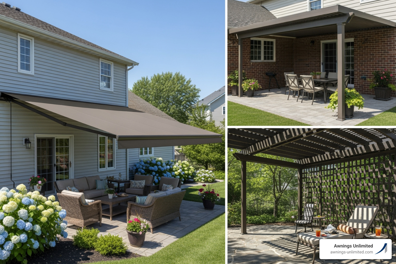 collage showing different types: a retractable awning, a solid patio cover, and a lattice cover - awnings and patio covers collage showing different types: a retractable awning, a solid patio cover, and a lattice cover - awnings and patio covers