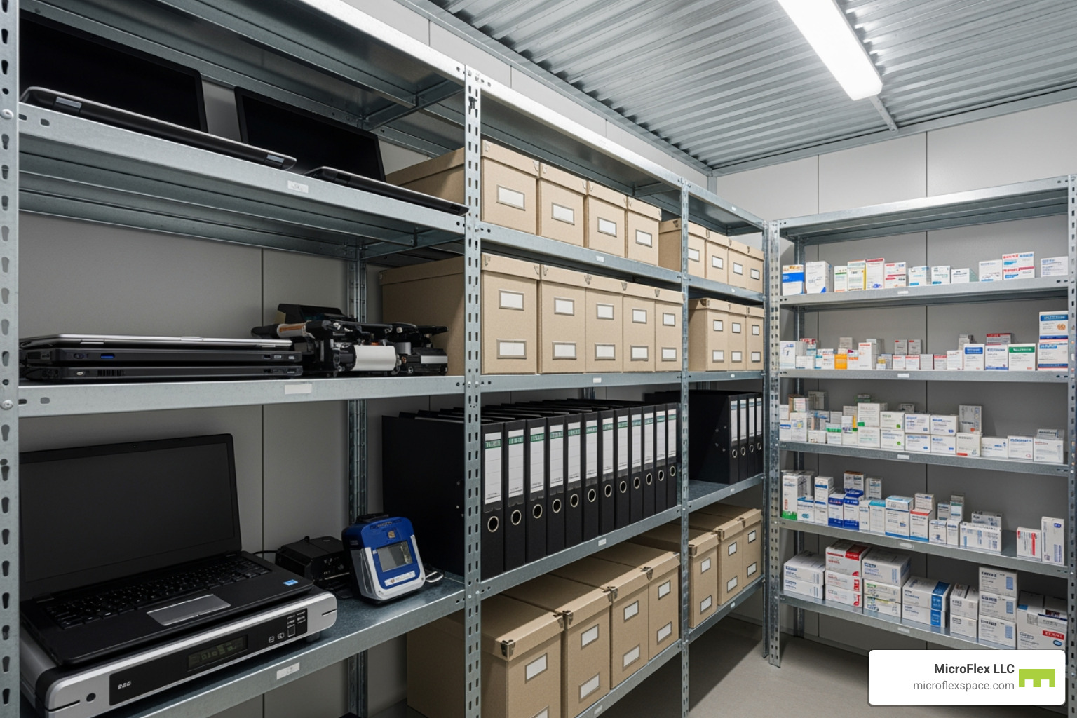 Sensitive business inventory like electronics, documents, and pharmaceutical supplies neatly arranged on shelves in a climate-controlled storage unit - climate controlled storage madison Sensitive business inventory like electronics, documents, and pharmaceutical supplies neatly arranged on shelves in a climate-controlled storage unit - climate controlled storage madison
