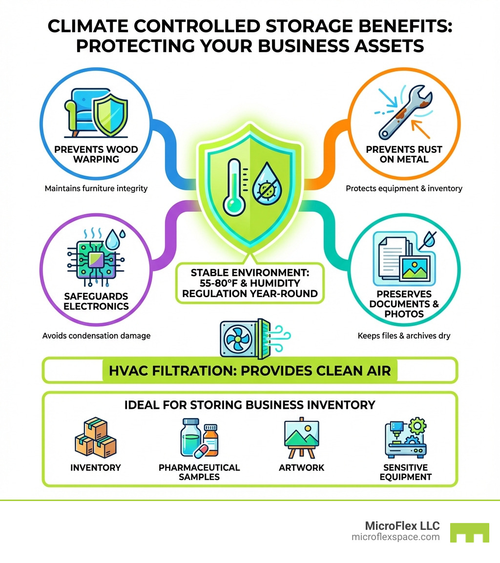 Infographic showing climate controlled storage benefits: Temperature maintained at 55-80°F year-round, humidity regulation prevents mold and mildew, HVAC filtration provides clean air, protection against warping of wood furniture, prevention of rust on metal items and equipment, safeguarding electronics from condensation damage, preservation of documents and photos from moisture, ideal for storing business inventory pharmaceutical samples artwork and sensitive equipment - climate controlled storage madison infographic Infographic showing climate controlled storage benefits: Temperature maintained at 55-80°F year-round, humidity regulation prevents mold and mildew, HVAC filtration provides clean air, protection against warping of wood furniture, prevention of rust on metal items and equipment, safeguarding electronics from condensation damage, preservation of documents and photos from moisture, ideal for storing business inventory pharmaceutical samples artwork and sensitive equipment - climate controlled storage madison infographic