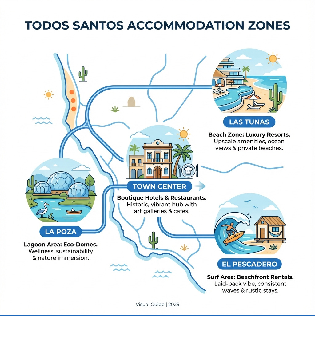 Infographic showing Todos Santos accommodation zones: Town Center with boutique hotels and restaurants, La Poza lagoon area with eco-domes, Las Tunas beach zone with luxury resorts, and El Pescadero surf area with beachfront rentals - resorts in todos santos infographic Infographic showing Todos Santos accommodation zones: Town Center with boutique hotels and restaurants, La Poza lagoon area with eco-domes, Las Tunas beach zone with luxury resorts, and El Pescadero surf area with beachfront rentals - resorts in todos santos infographic