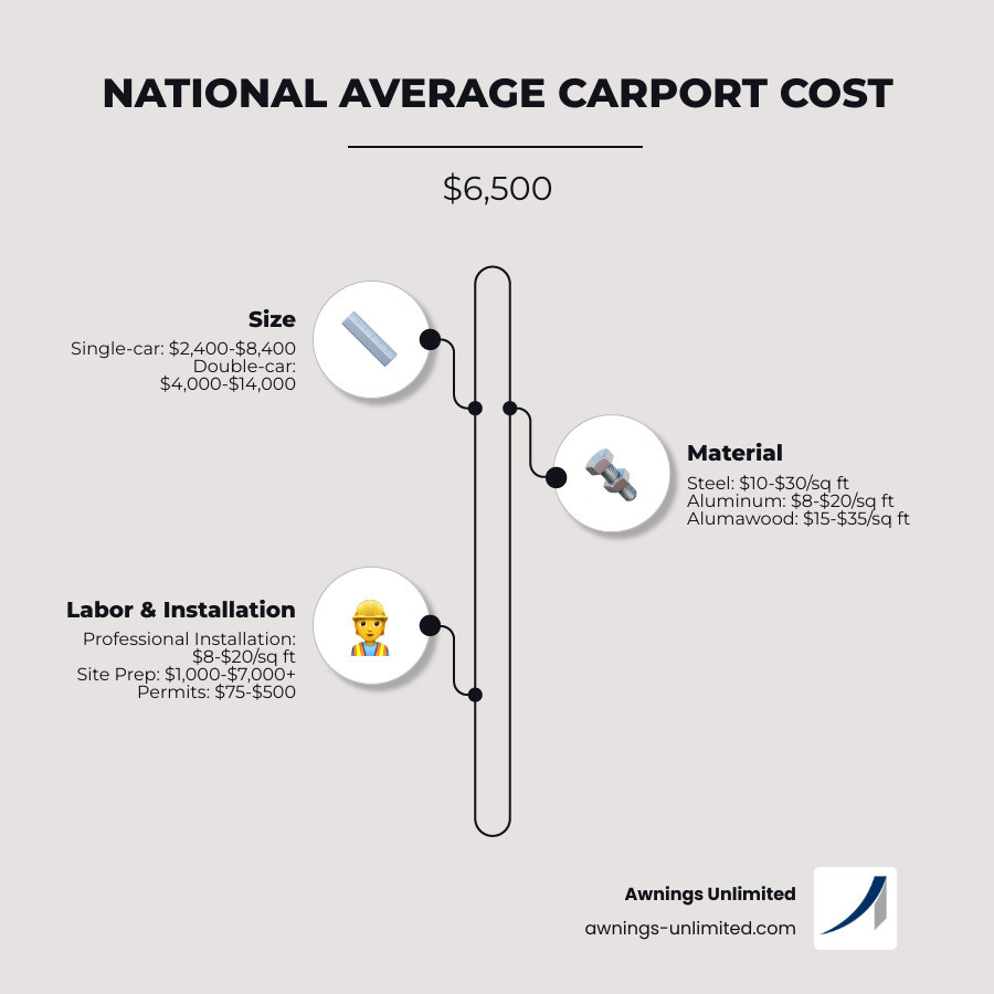 Infographic showing national average carport cost of $6,500, with three main cost factors: Size (single-car $2,400-$8,400, double-car $4,000-$14,000), Material (steel $10-$30/sq ft, aluminum $8-$20/sq ft, Alumawood $15-$35/sq ft), and Labor (professional installation $8-$20/sq ft, site prep $1,000-$7,000+, permits $75-$500) - carport prices installed infographic infographic-line-3-steps-elegant_beige Infographic showing national average carport cost of $6,500, with three main cost factors: Size (single-car $2,400-$8,400, double-car $4,000-$14,000), Material (steel $10-$30/sq ft, aluminum $8-$20/sq ft, Alumawood $15-$35/sq ft), and Labor (professional installation $8-$20/sq ft, site prep $1,000-$7,000+, permits $75-$500) - carport prices installed infographic infographic-line-3-steps-elegant_beige